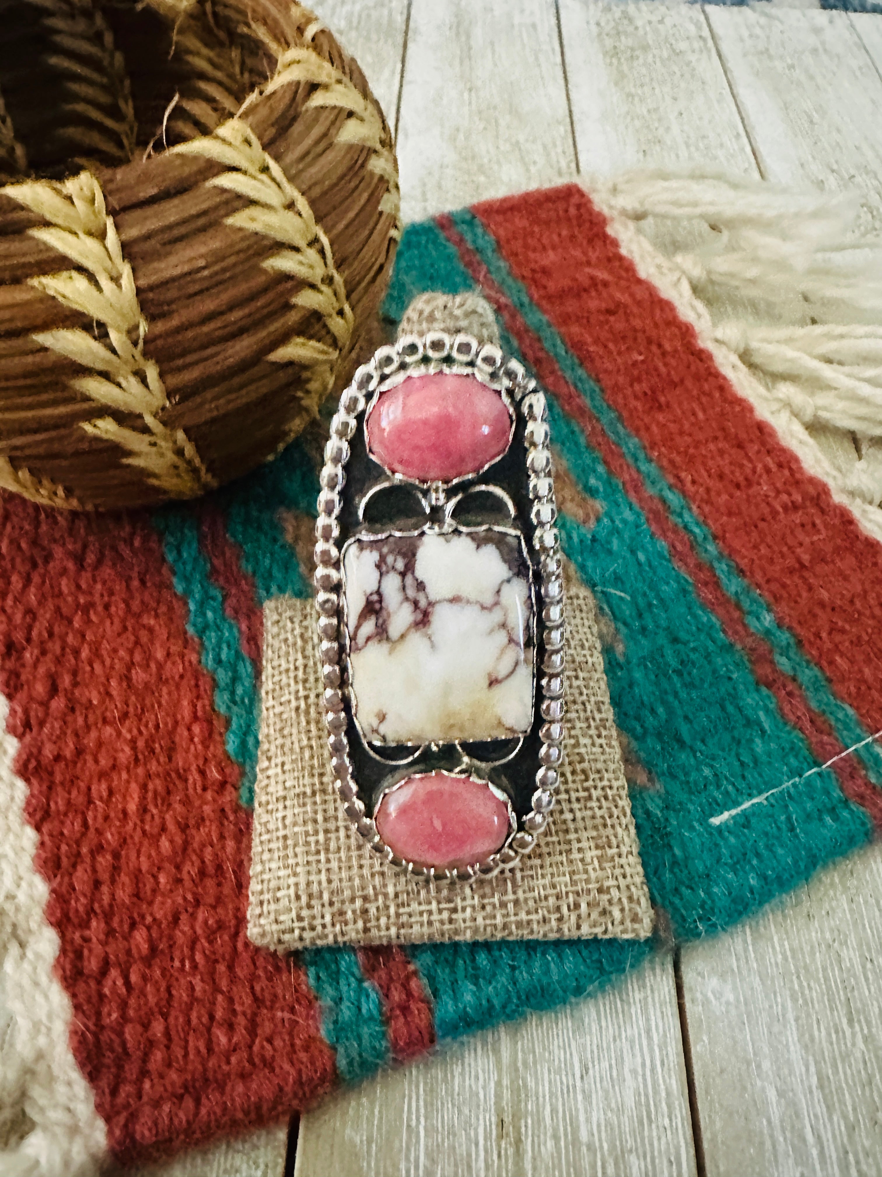 Handcrafted Wild Horse, Rhodochrosite & Sterling Silver Ring Size 10