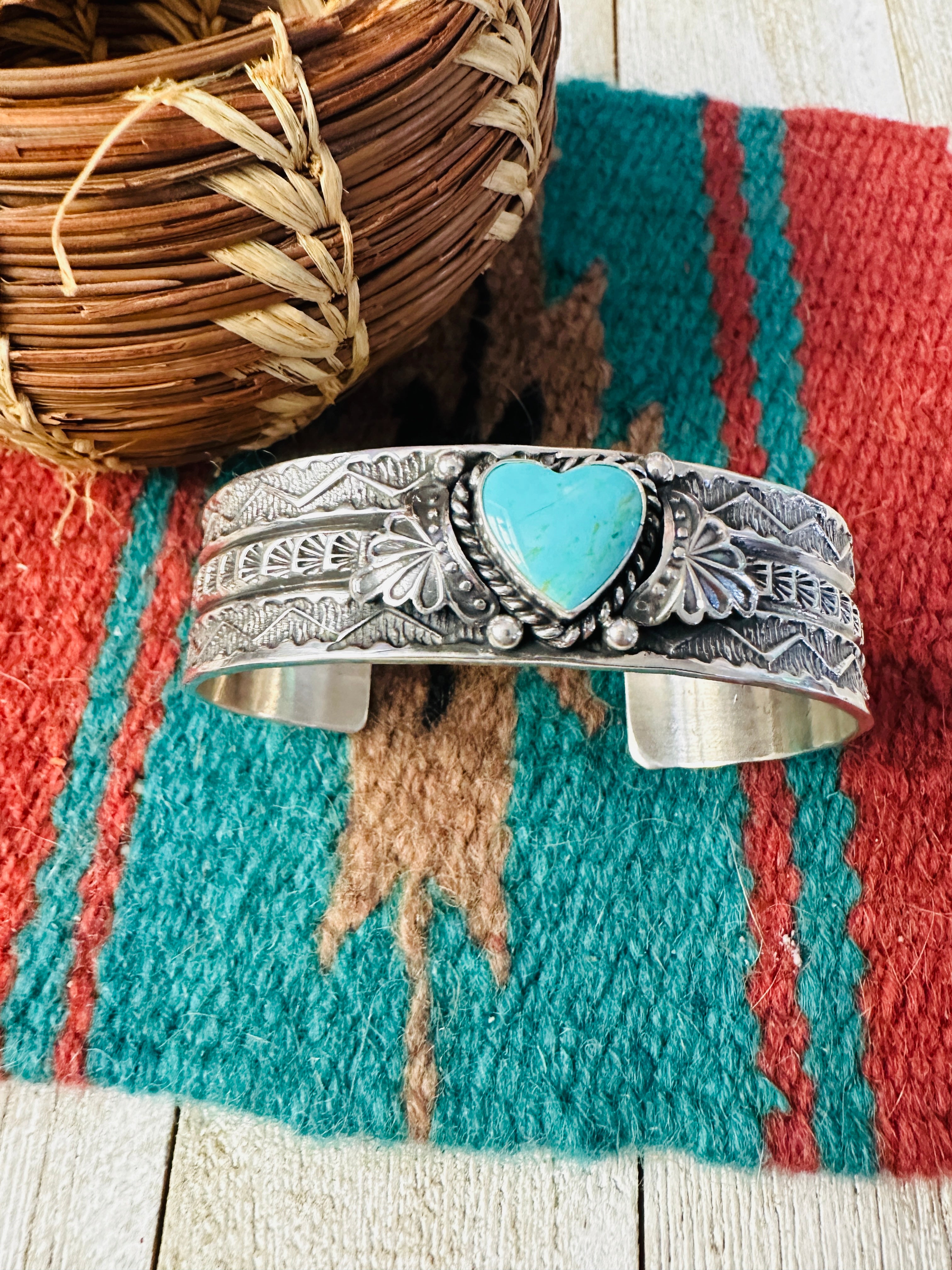 Handcrafted Turquoise & Sterling Silver Heart Cuff Bracelet by Sunshine Reeves