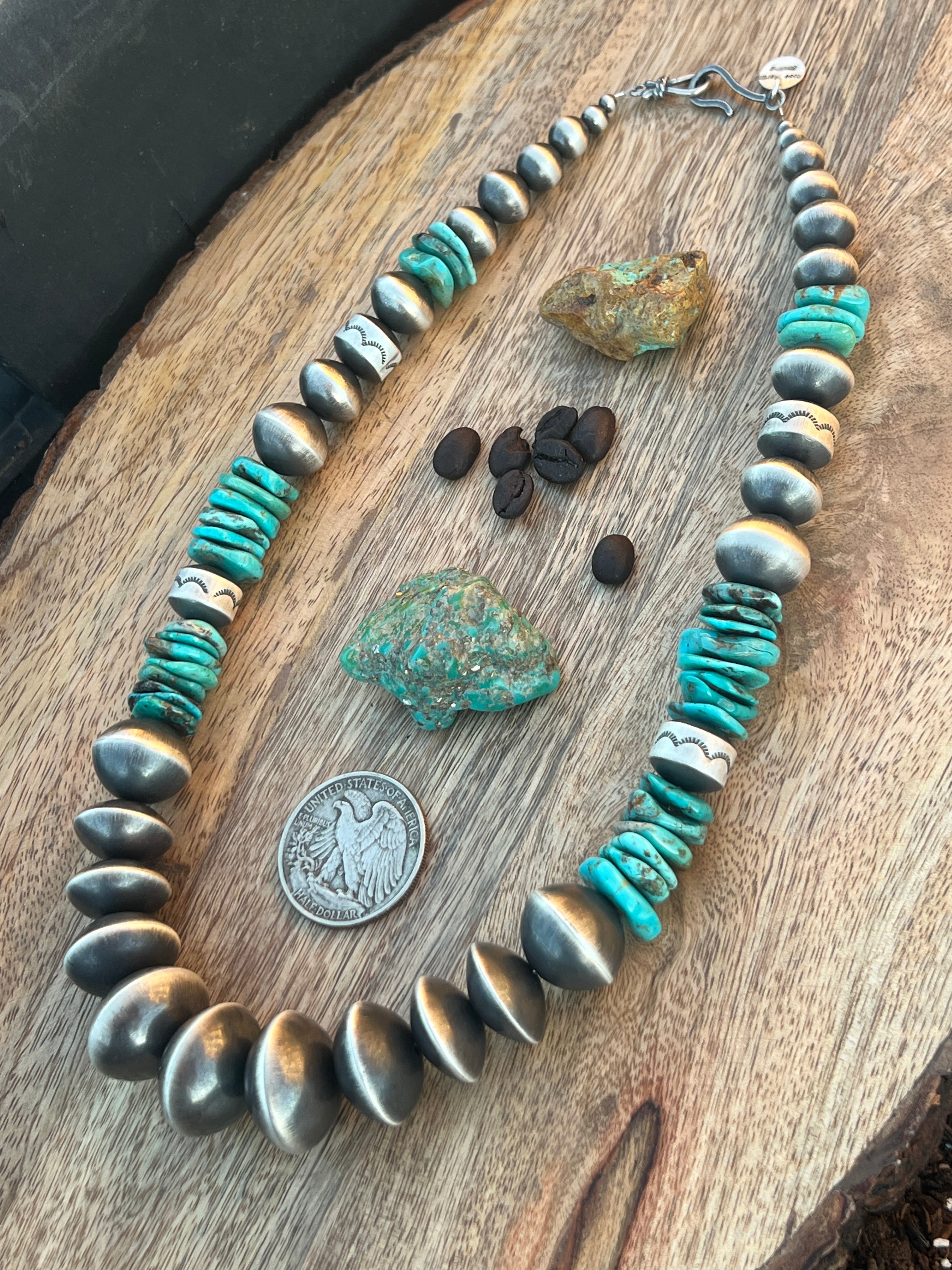 Handcrafted Chunky Sterling Silver and Kingman Turquoise Beaded Necklace by Rose Martin, 21 inches
