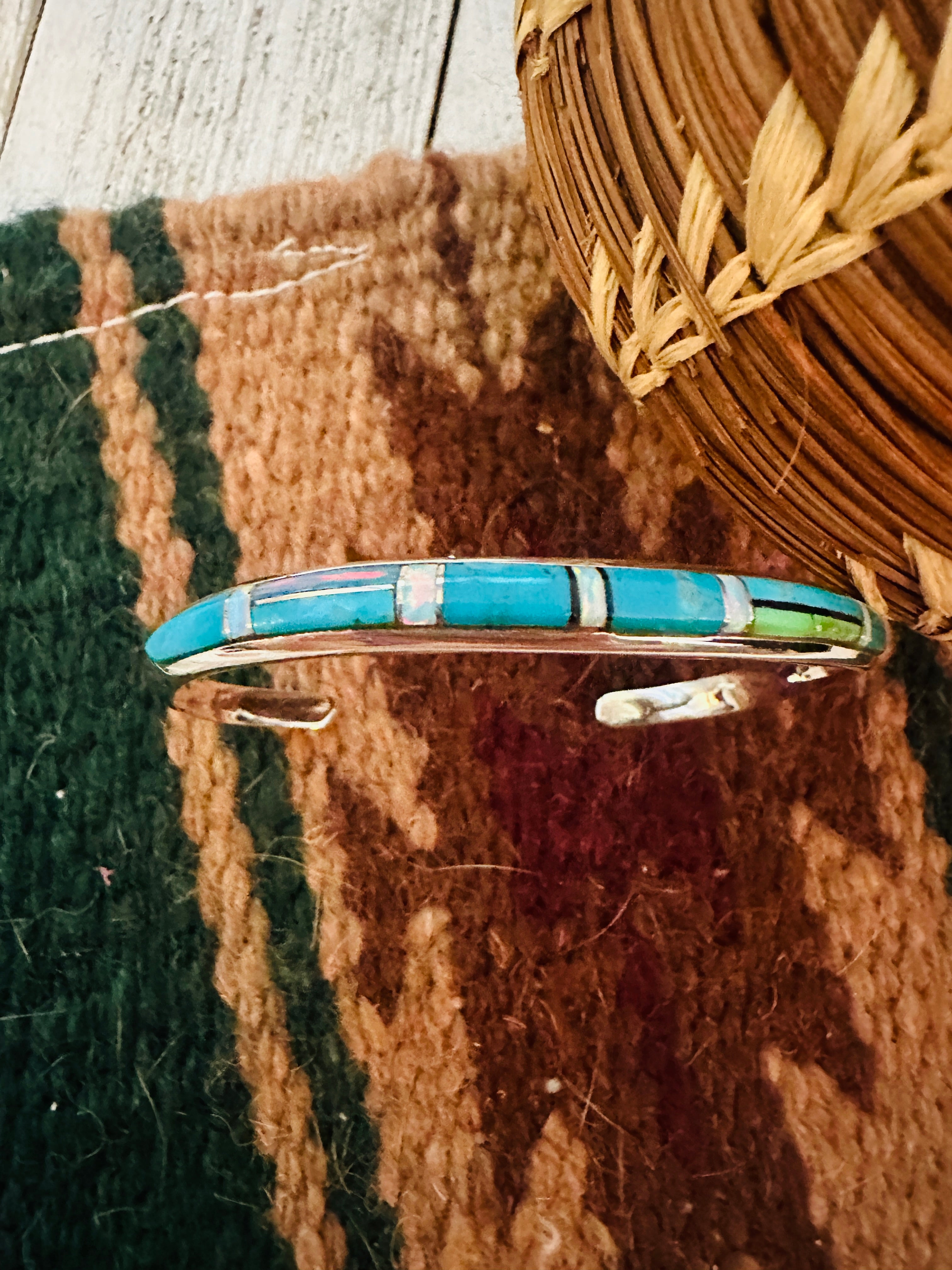 Navajo Sonoran Mountain Turquoise & Sterling Silver Inlay Cuff Bracelet