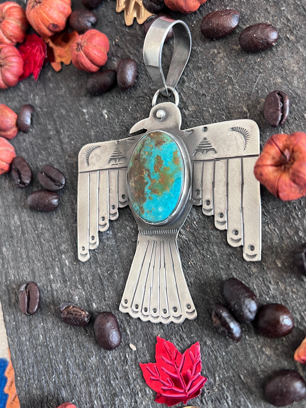 Kimari Somers Hand Stamped Sterling Silver & Royston Turquoise Thunderbird Pendant