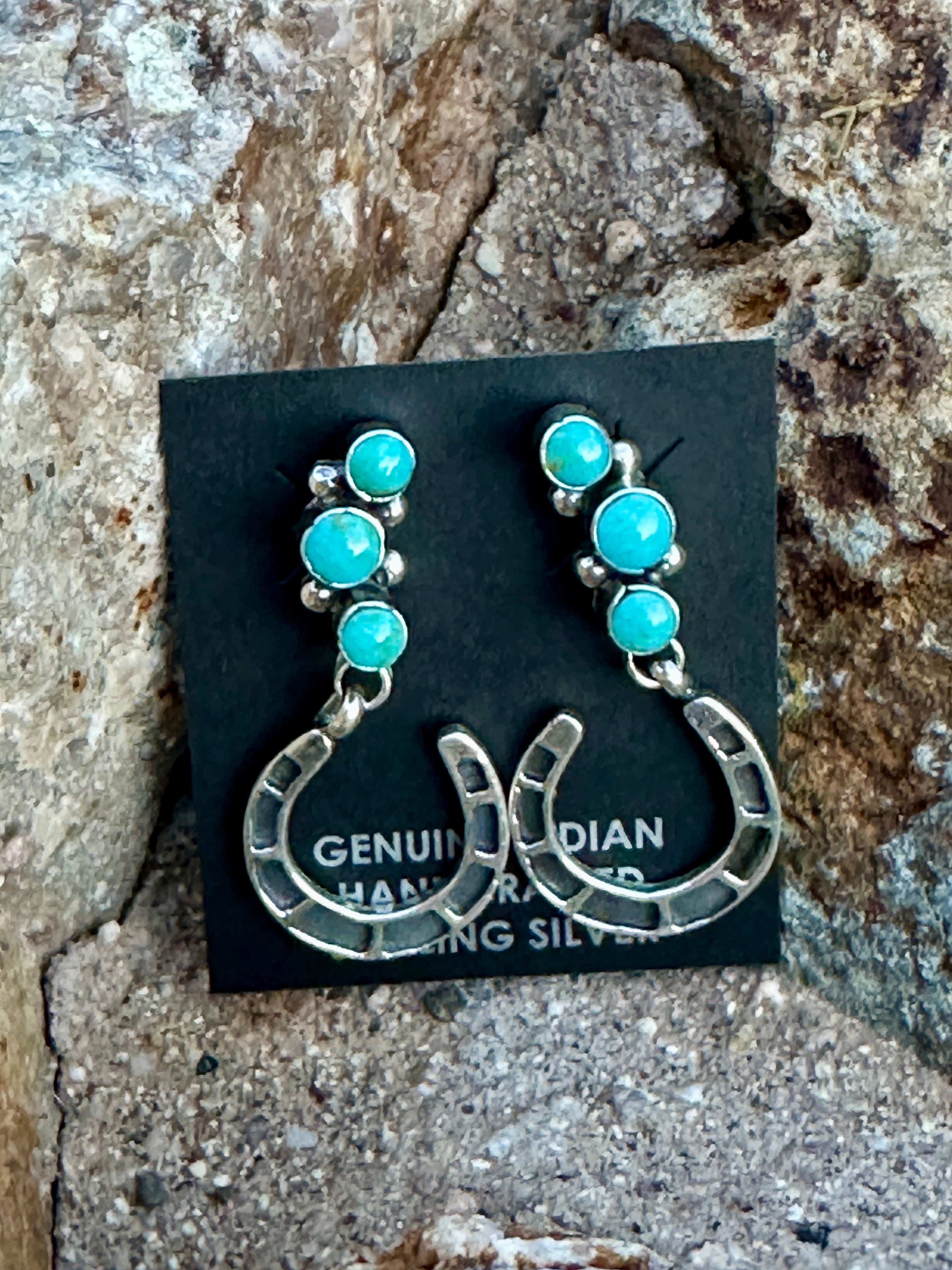 Handcrafted 3 Stone Turquoise & Sterling Silver Horseshoe Earrings