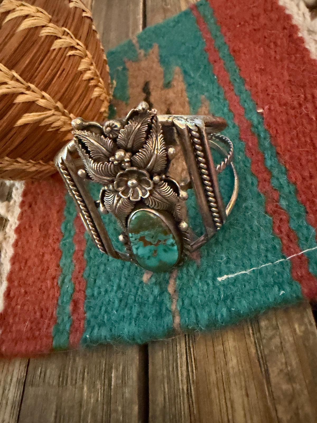 Handcrafted Old Pawn Sterling Silver & Turquoise Flower Cuff Bracelet