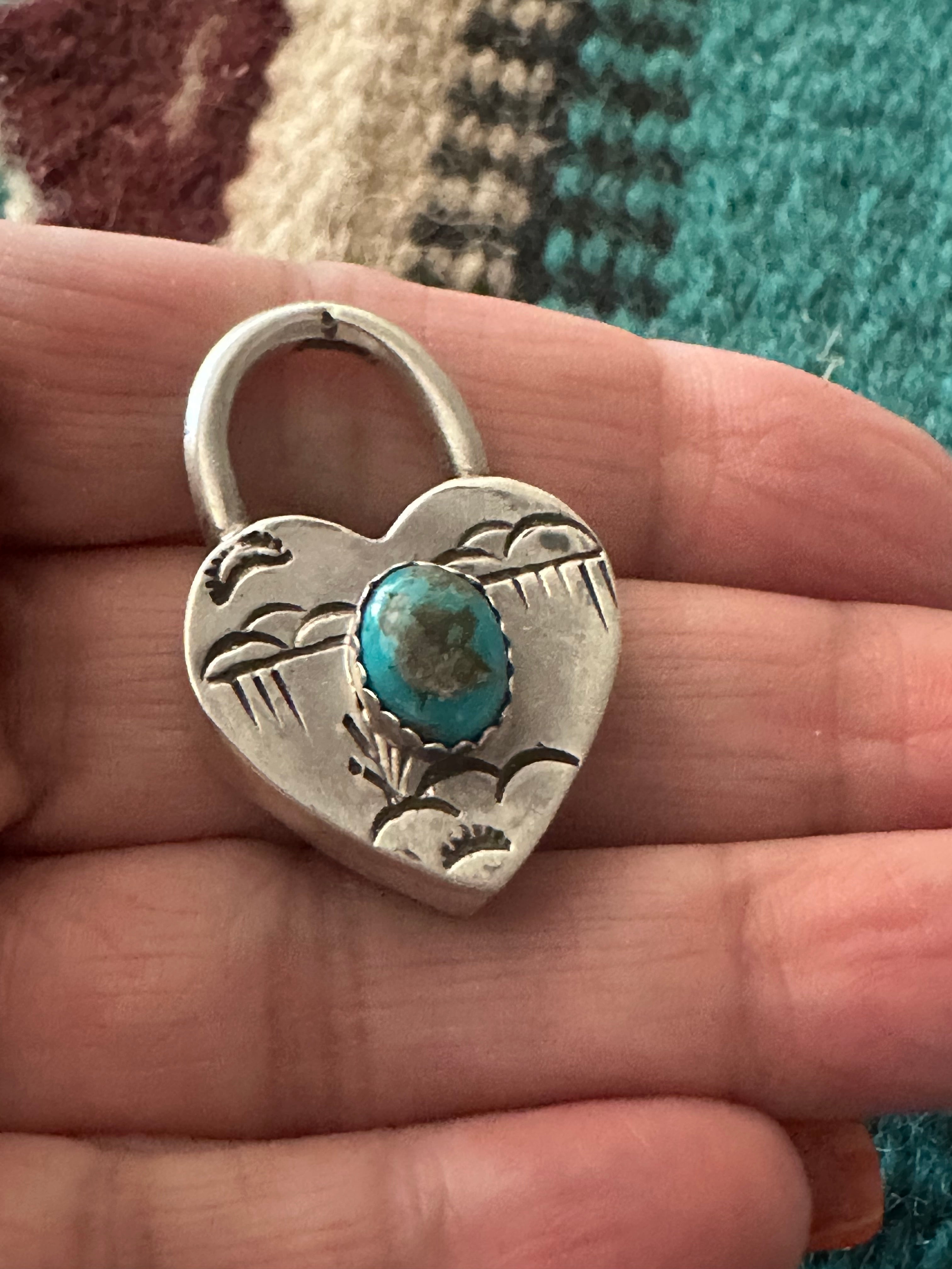 Navajo Turquoise & Sterling Silver Heart Locket Pendant Signed Russell Sam BLUE TONES