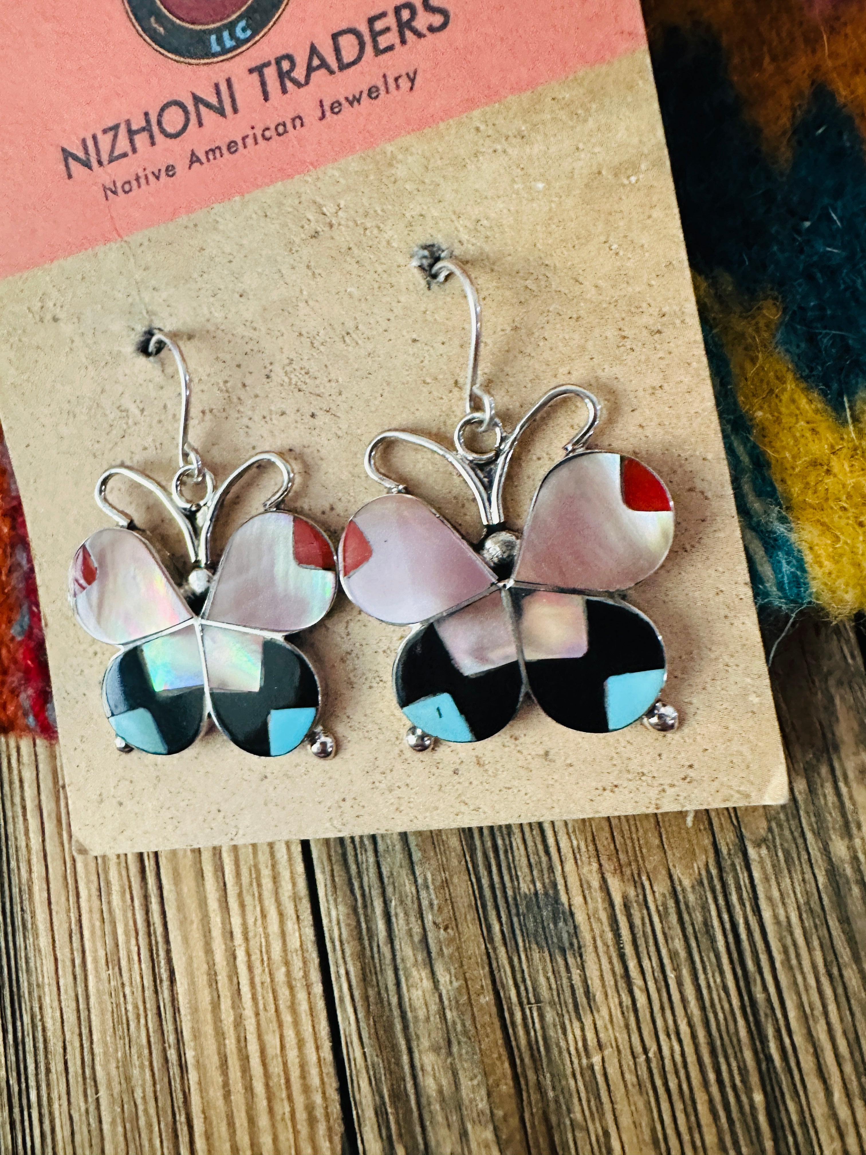 Handcrafted Multi Stone & Sterling Silver Inlay Butterfly Dangle Earrings