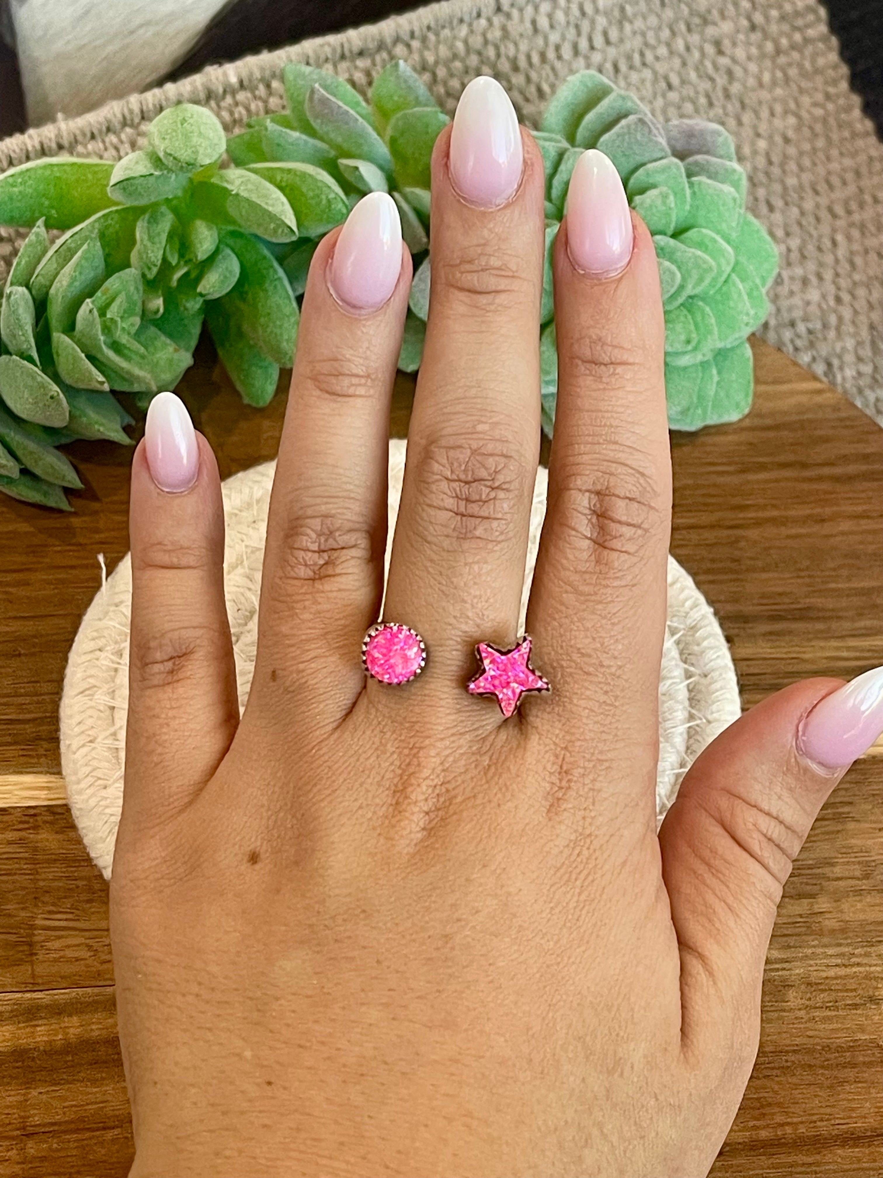 Handmade Hot Pink Fire Opal & Sterling Silver Adjustable Star Ring