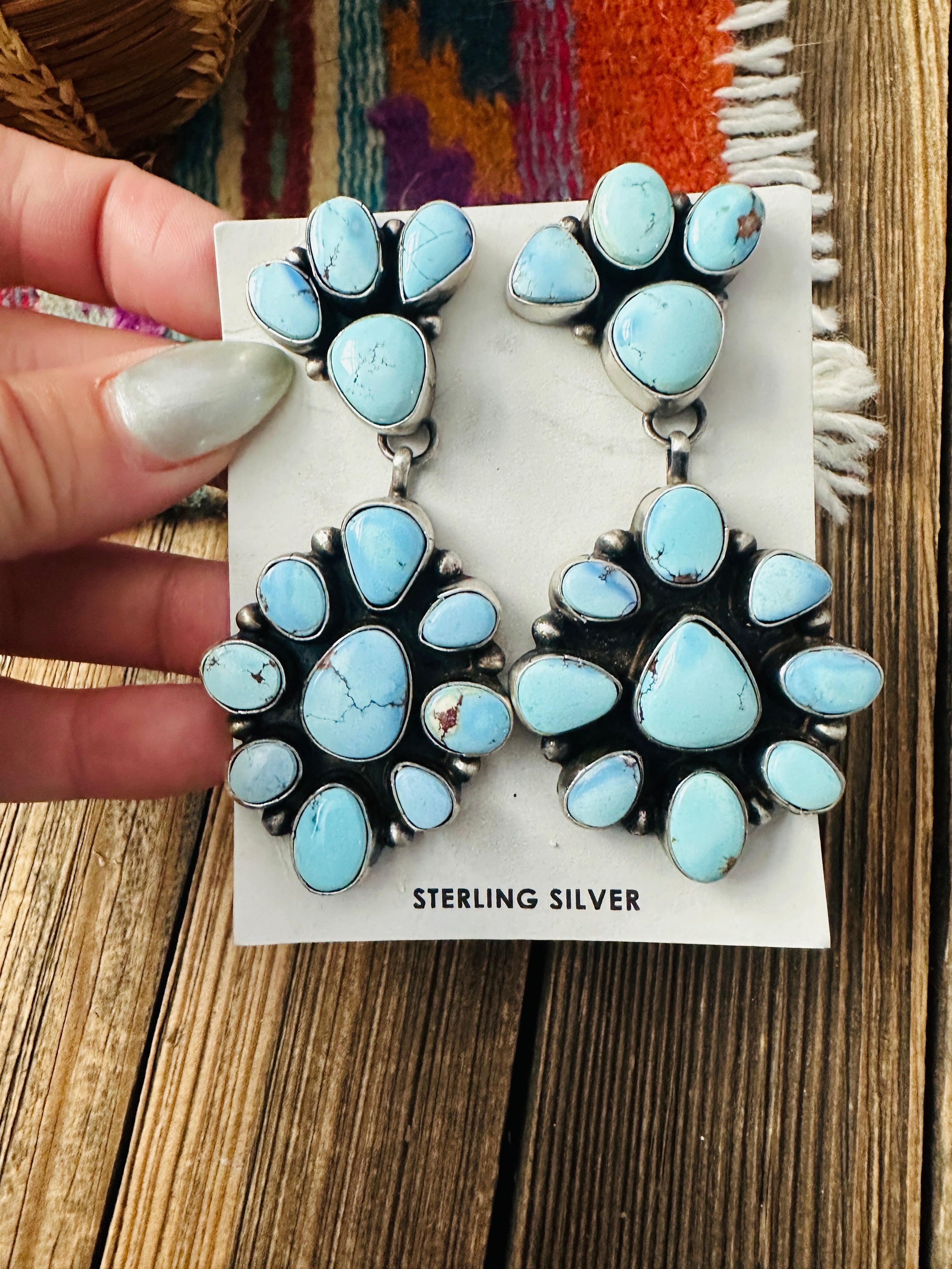 Handcrafted Golden Hills Turquoise & Sterling Silver Cluster Dangle Earrings