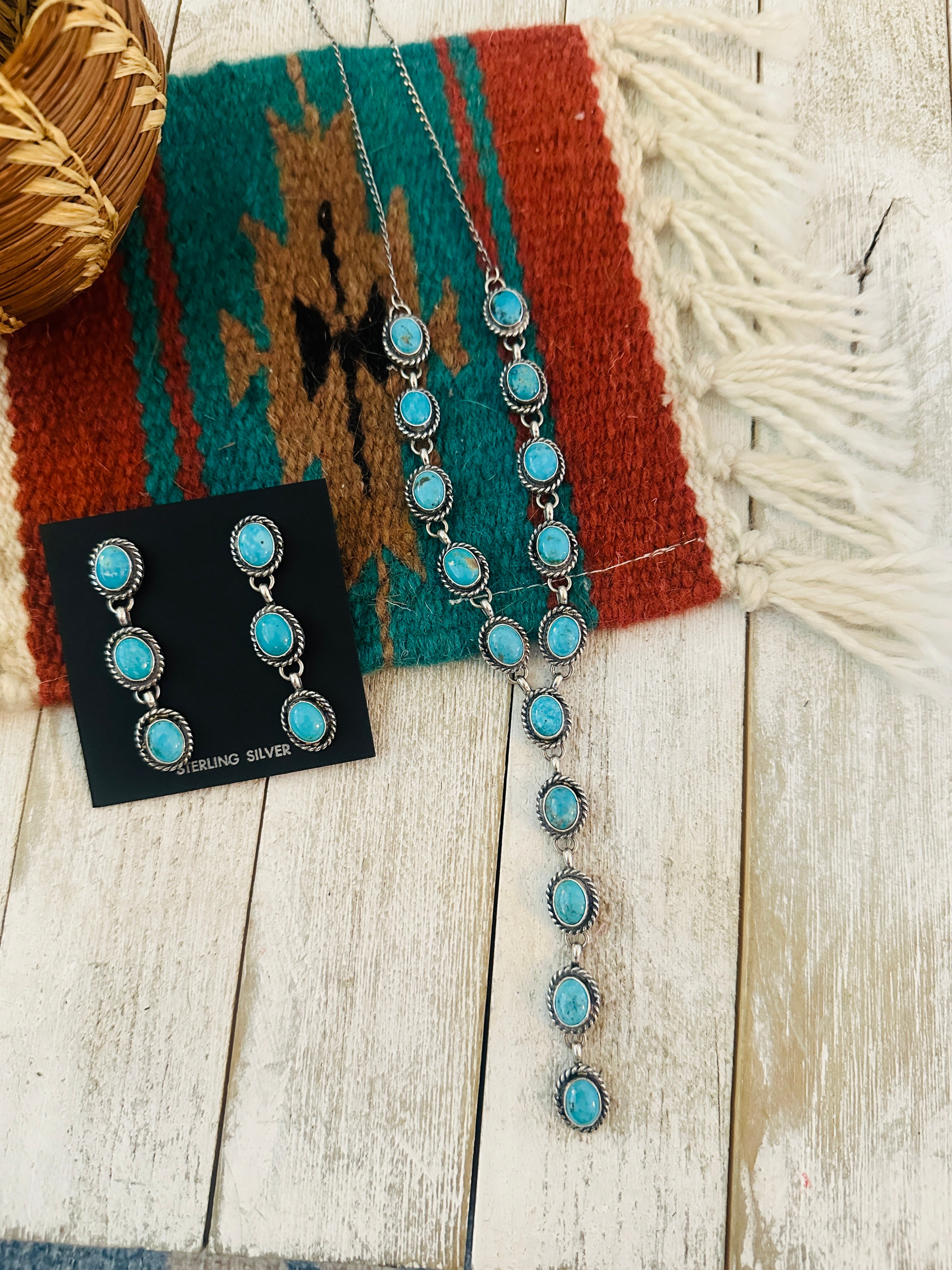 Navajo Sterling Silver & Turquoise Lariat Necklace Set