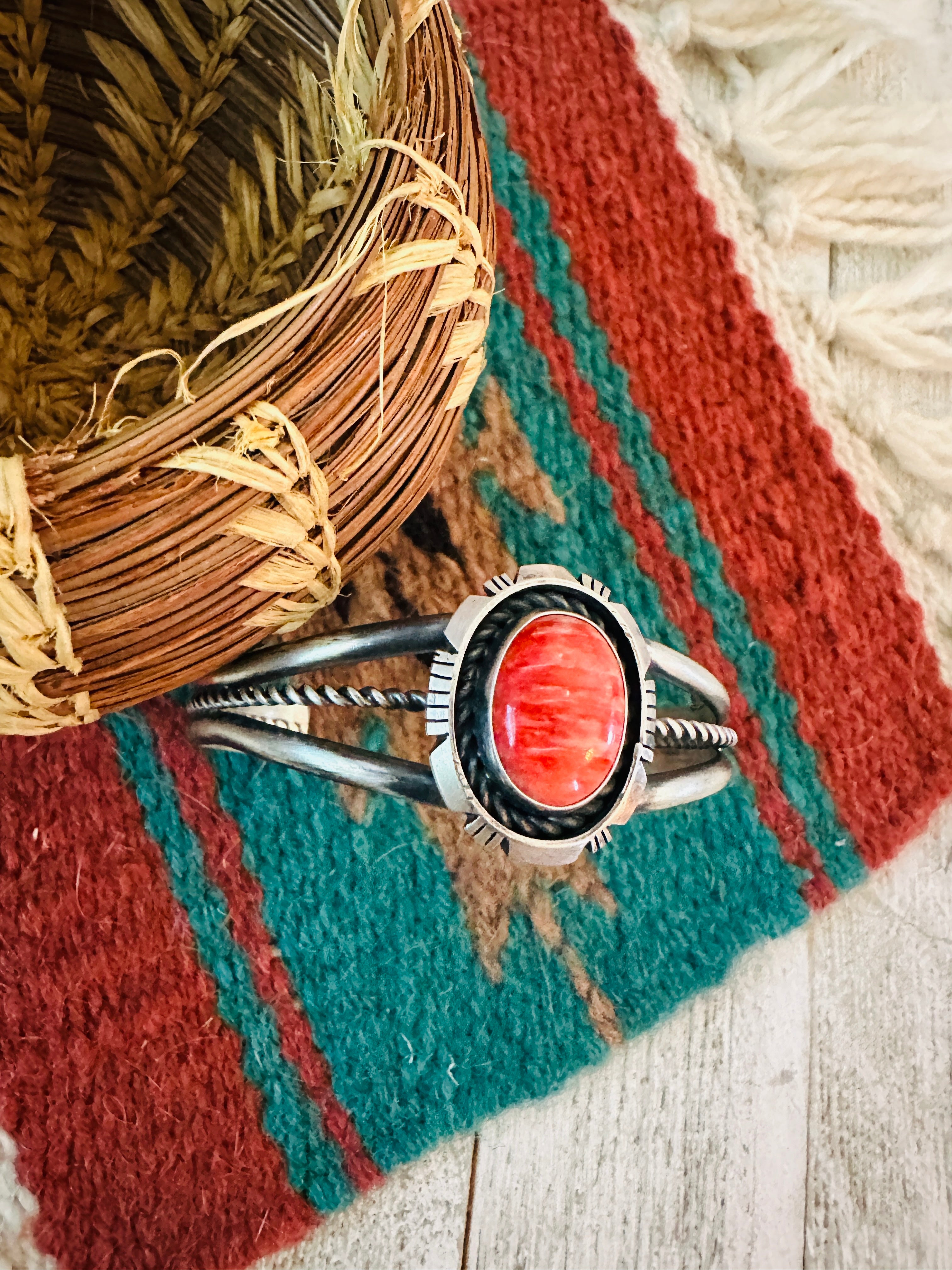 Handcrafted Sterling Silver & Red Spiny Cuff Bracelet by Eli Skeets