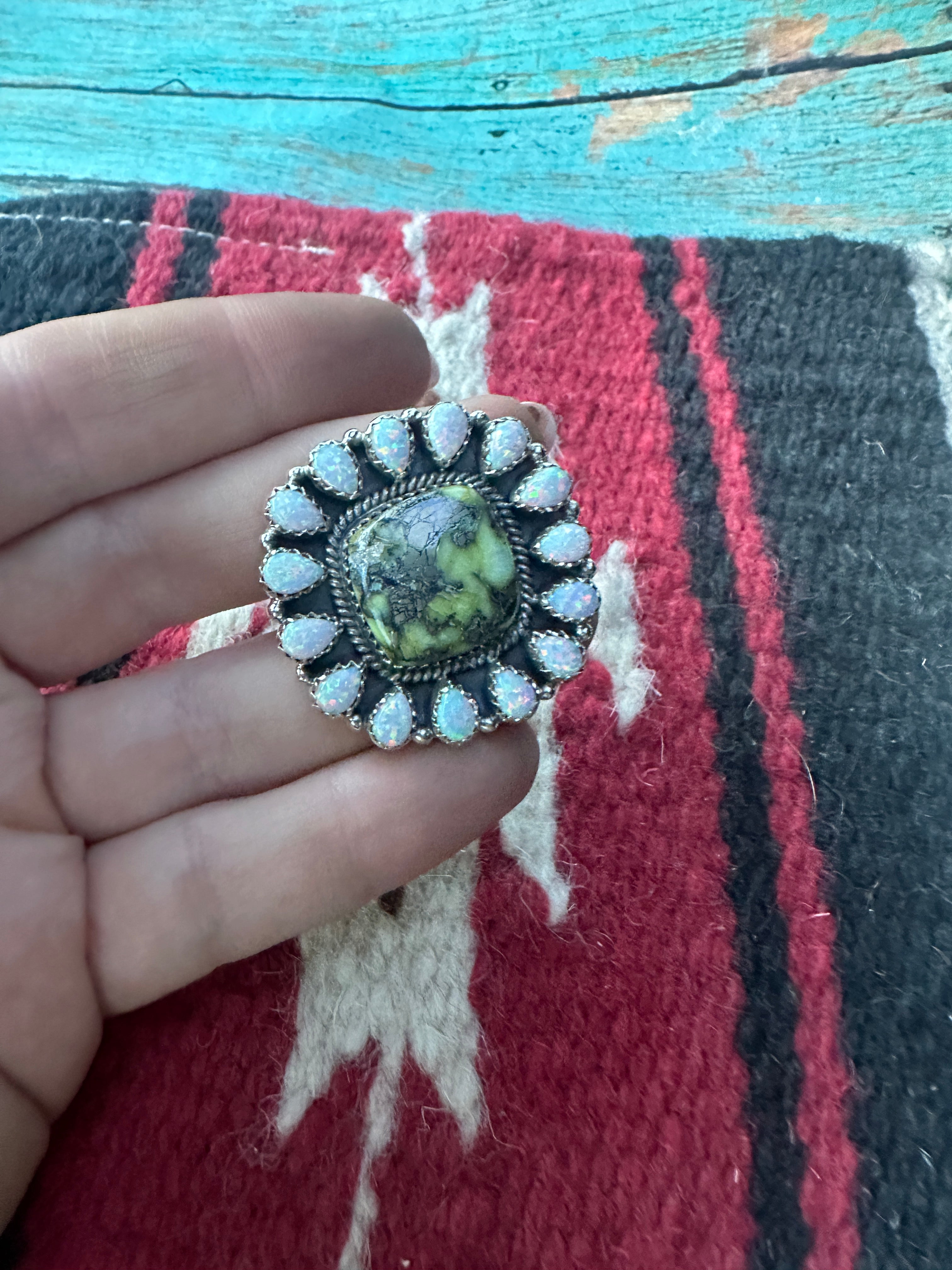 Beautiful Handmade Palomino Turquoise, Fire Opal And Sterling Silver Adjustable Ring