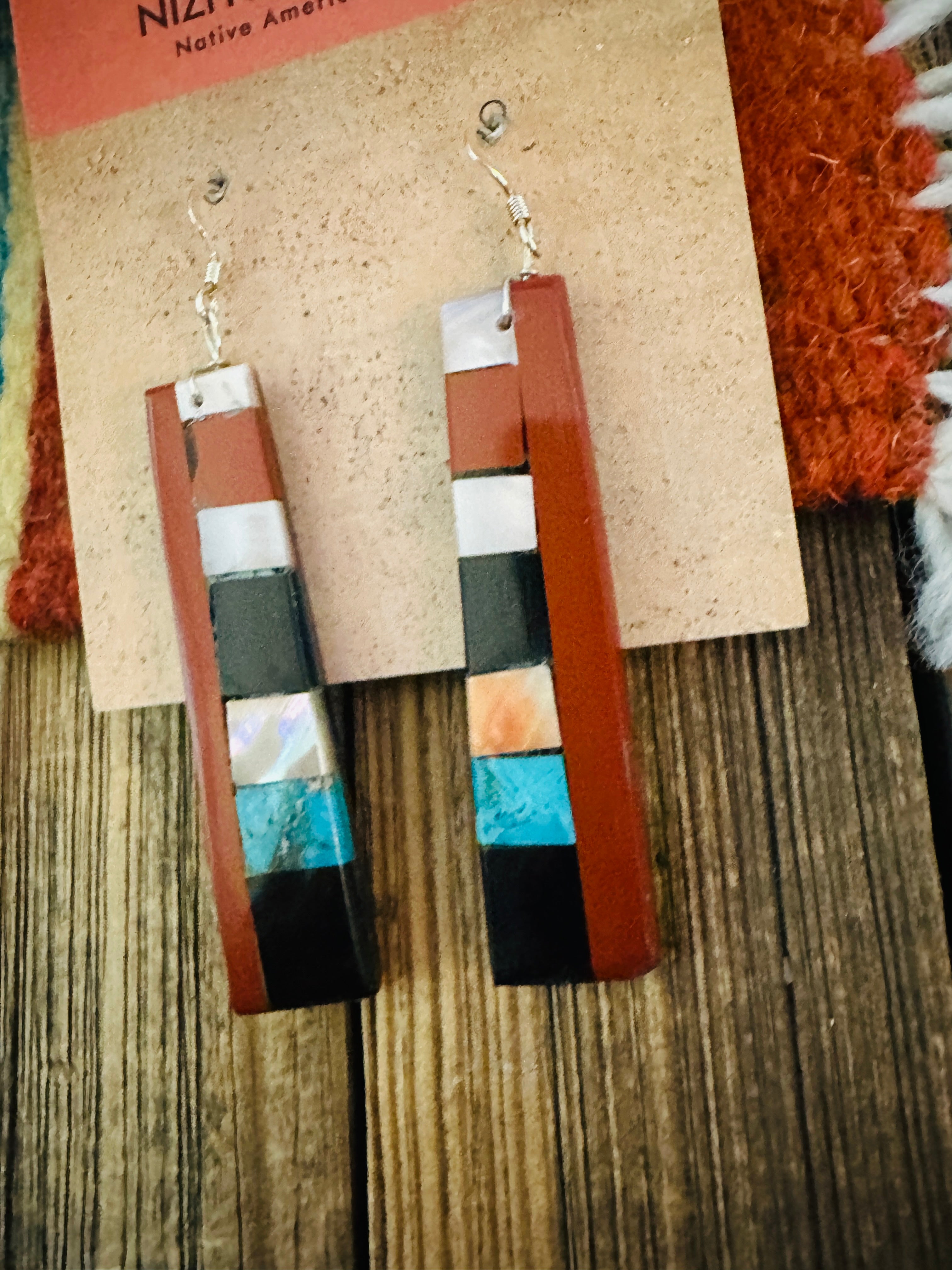 Handcrafted Multi Stone Inlay Slab Dangle Earrings