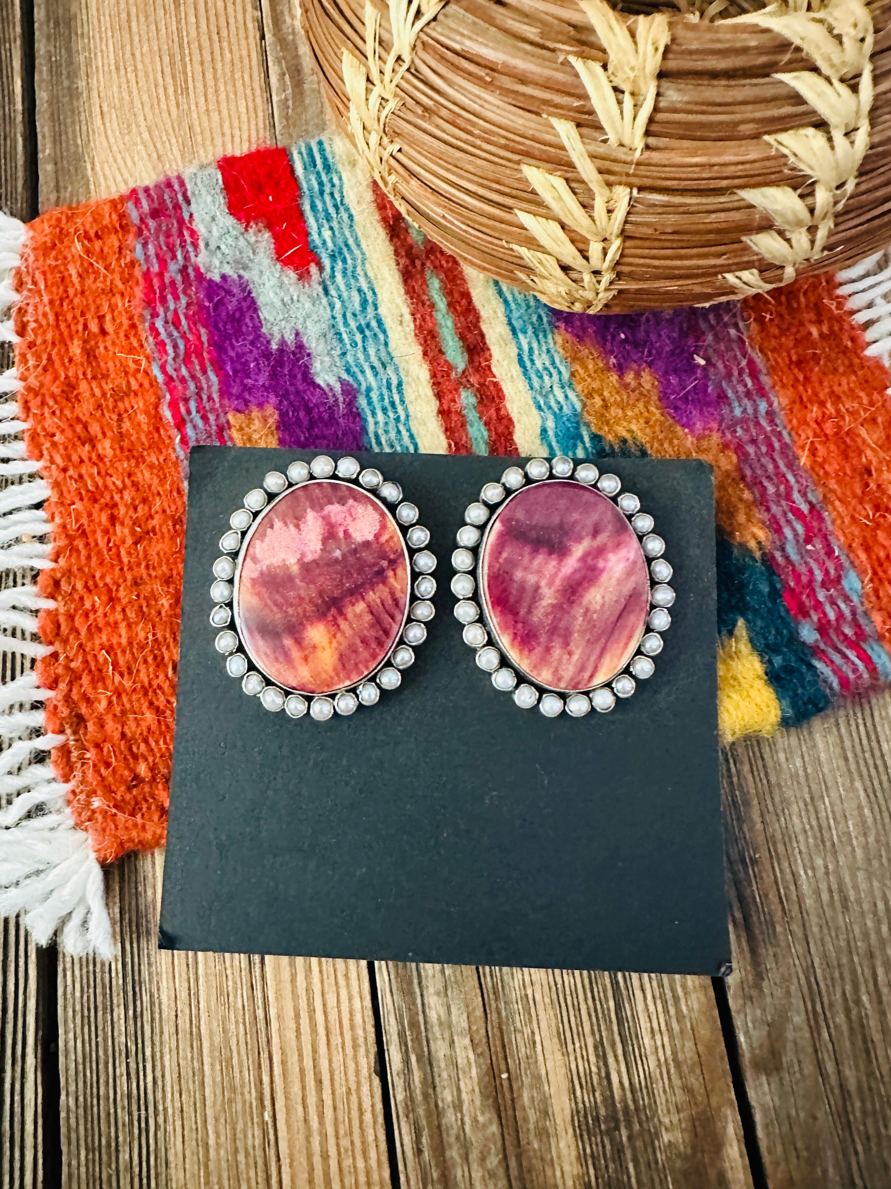 Handcrafted Spiny Oyster, Mother of Pearl & Sterling Silver Clip On Earrings by Federico Jimenez