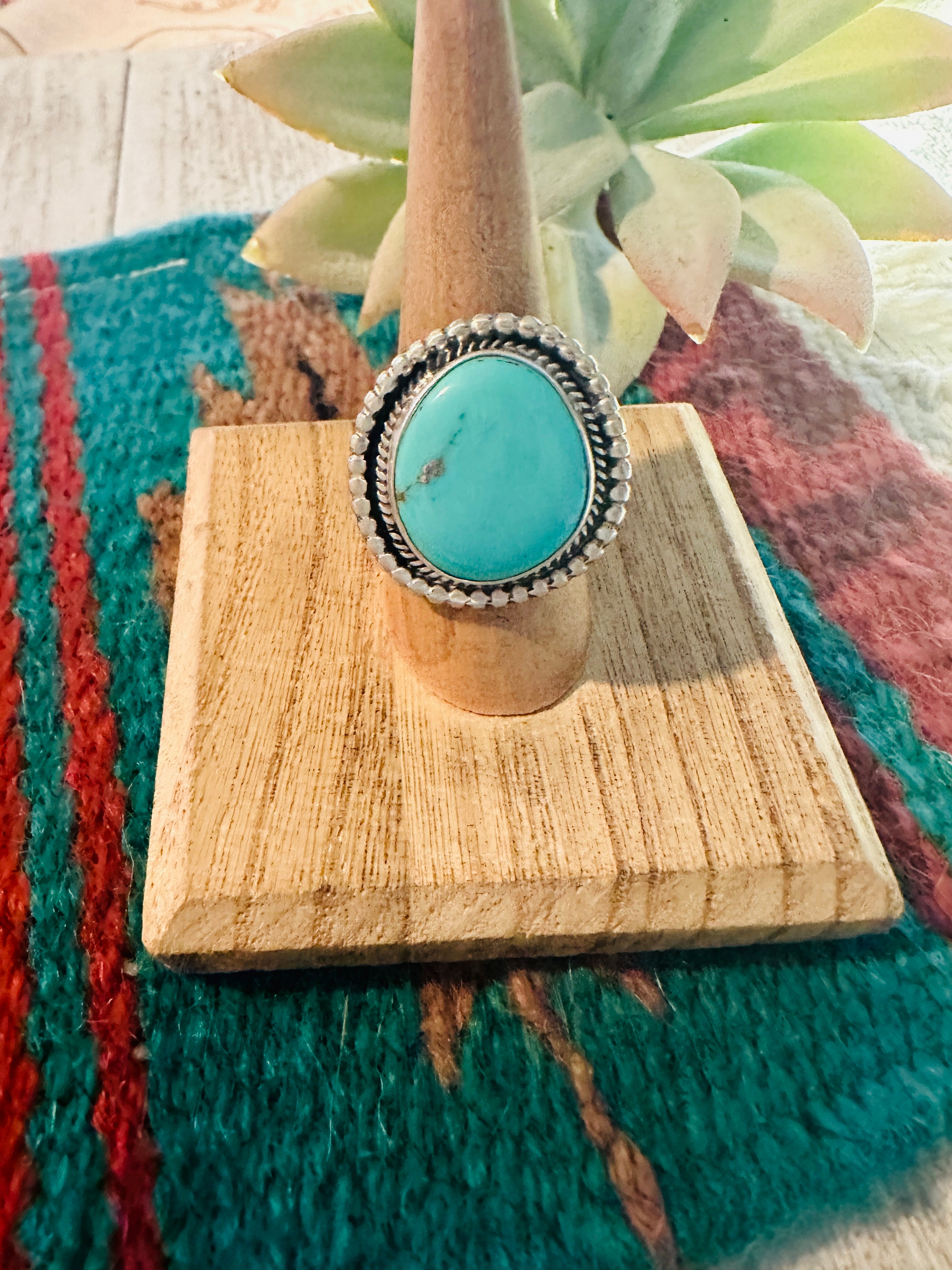 Navajo Morenci Turquoise & Sterling Silver Ring Size 8 Signed