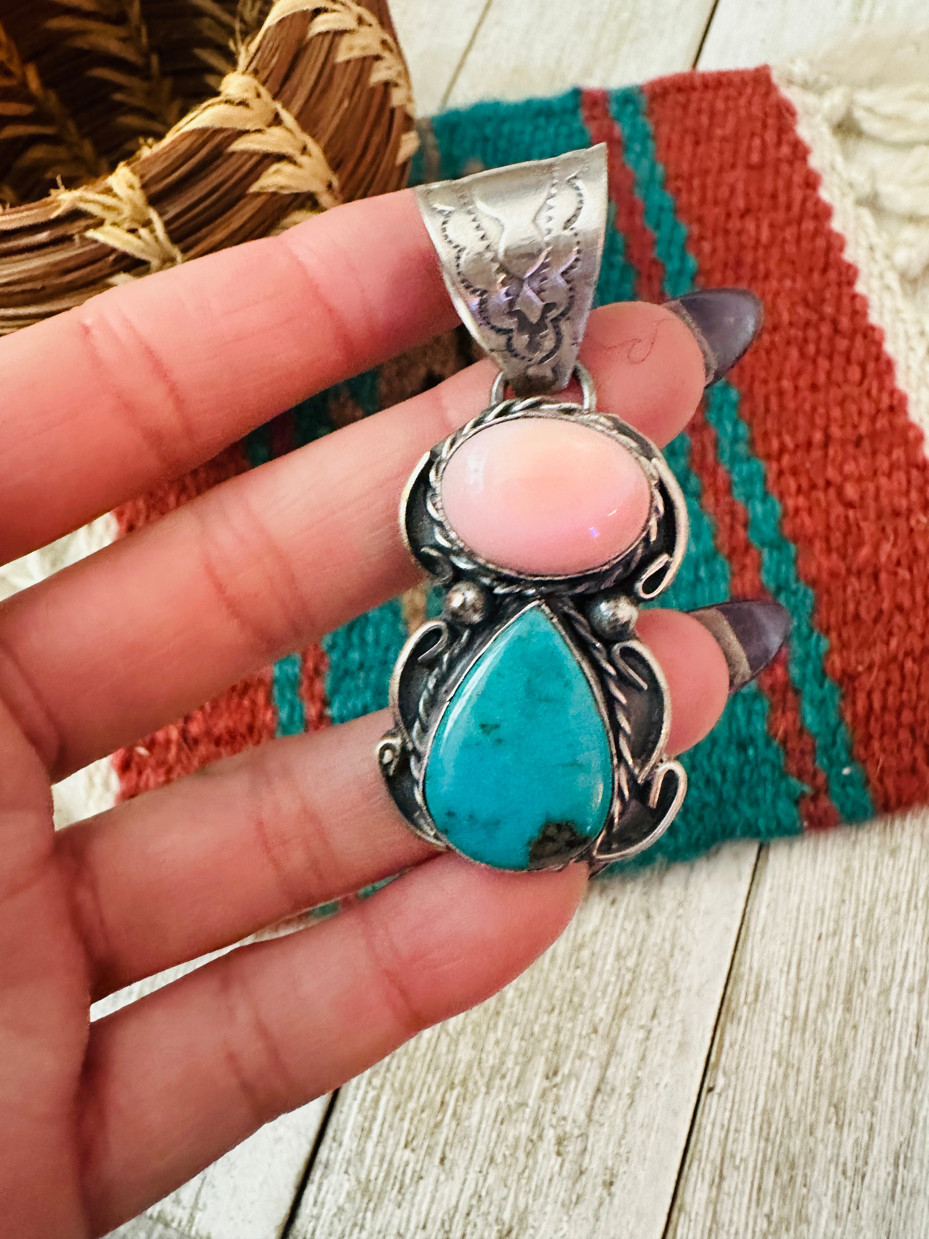 Handcrafted Sterling Silver, Queen Pink Conch & Turquoise Pendant