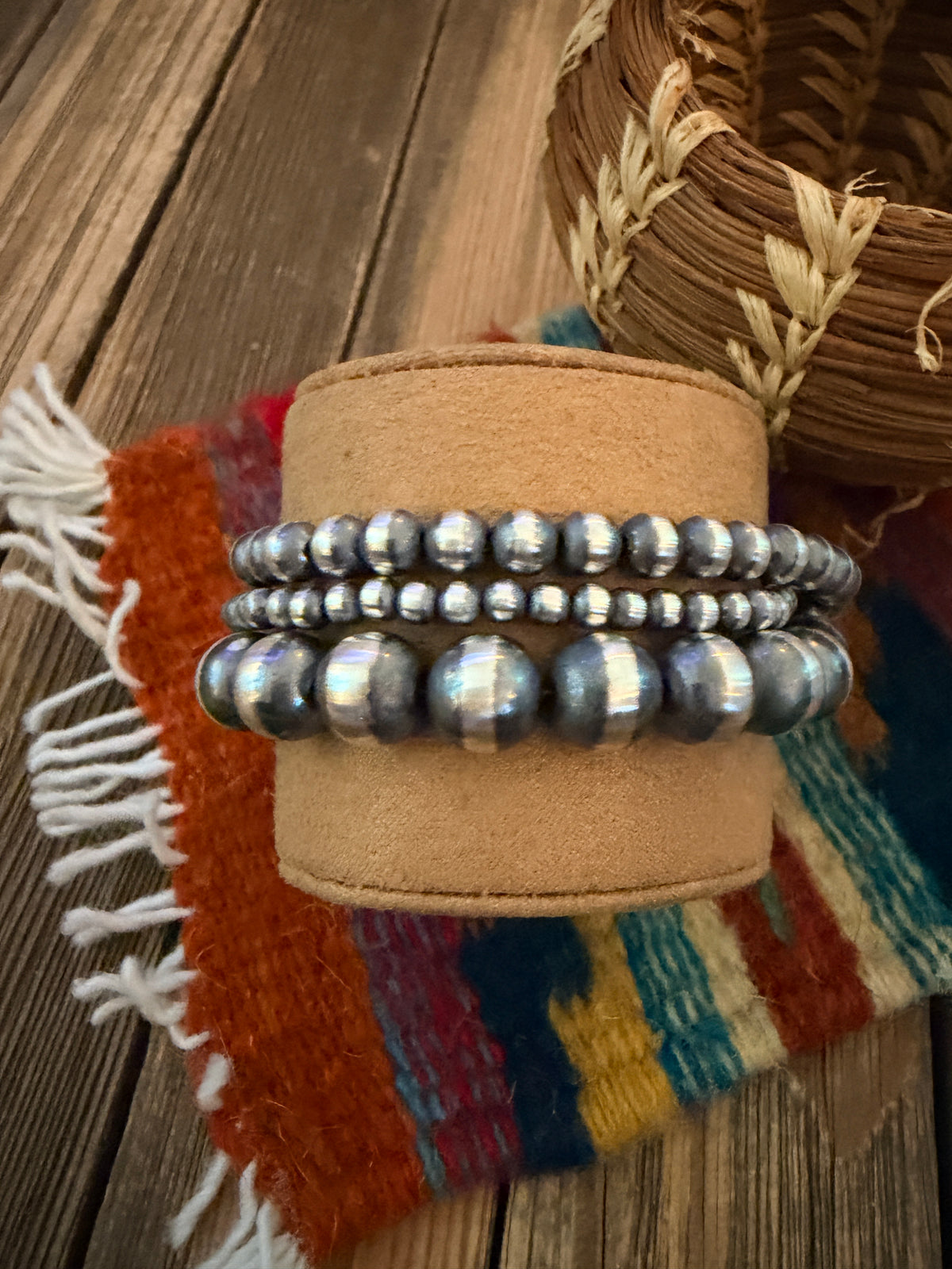 Handcrafted Sterling Silver Pearl Triple Strand Beaded Bracelet 8"
