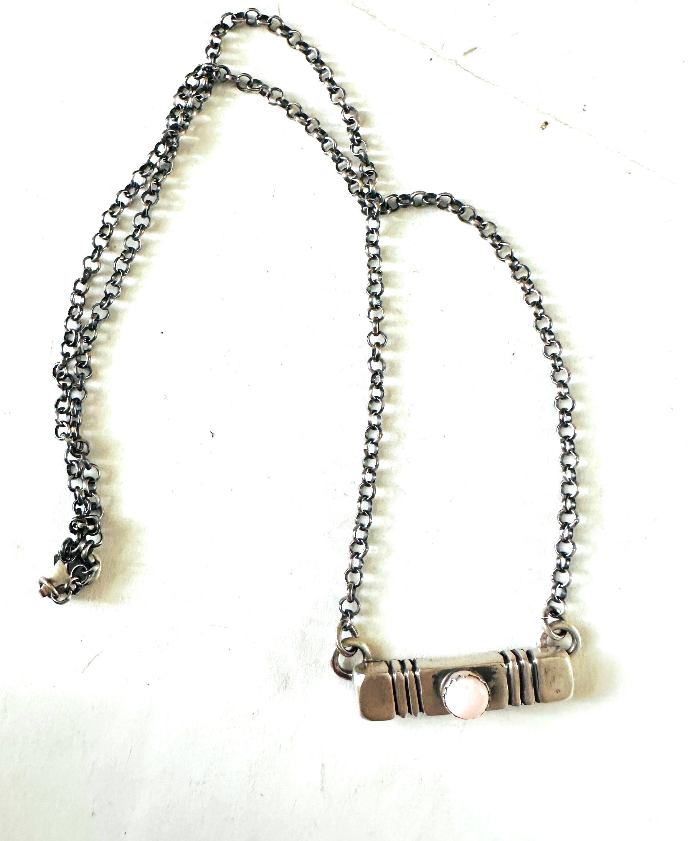 Navajo Sterling Silver & Queen Pink Conch Bar Necklace by Russell Sam