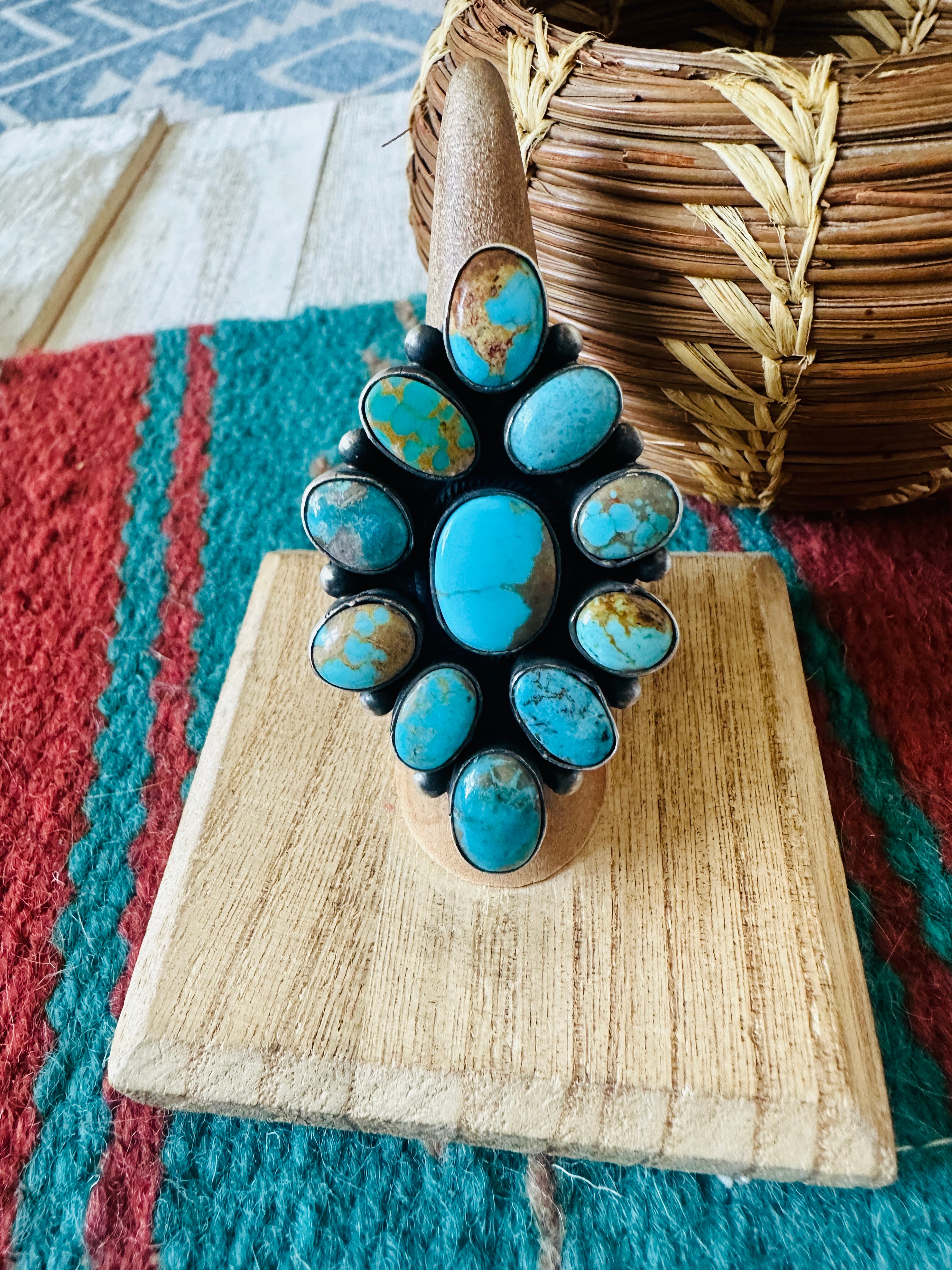 Navajo Turquoise & Sterling Silver Cluster Ring Size 6.5