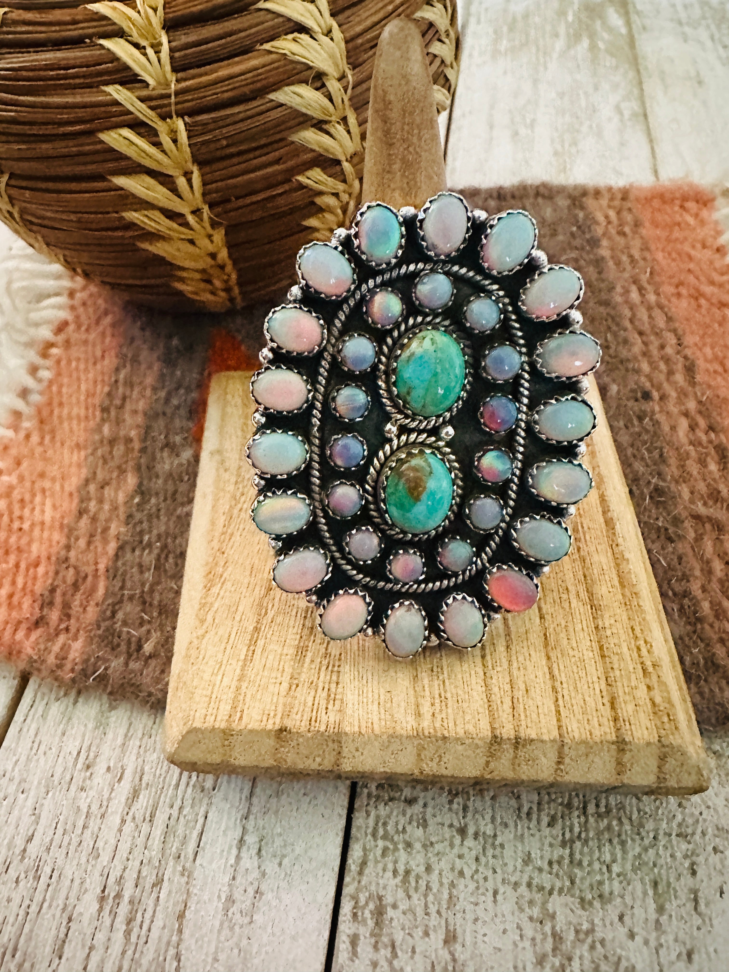 Handmade Sterling Silver, Opal & Turquoise Cluster Adjustable Ring by Nizhoni