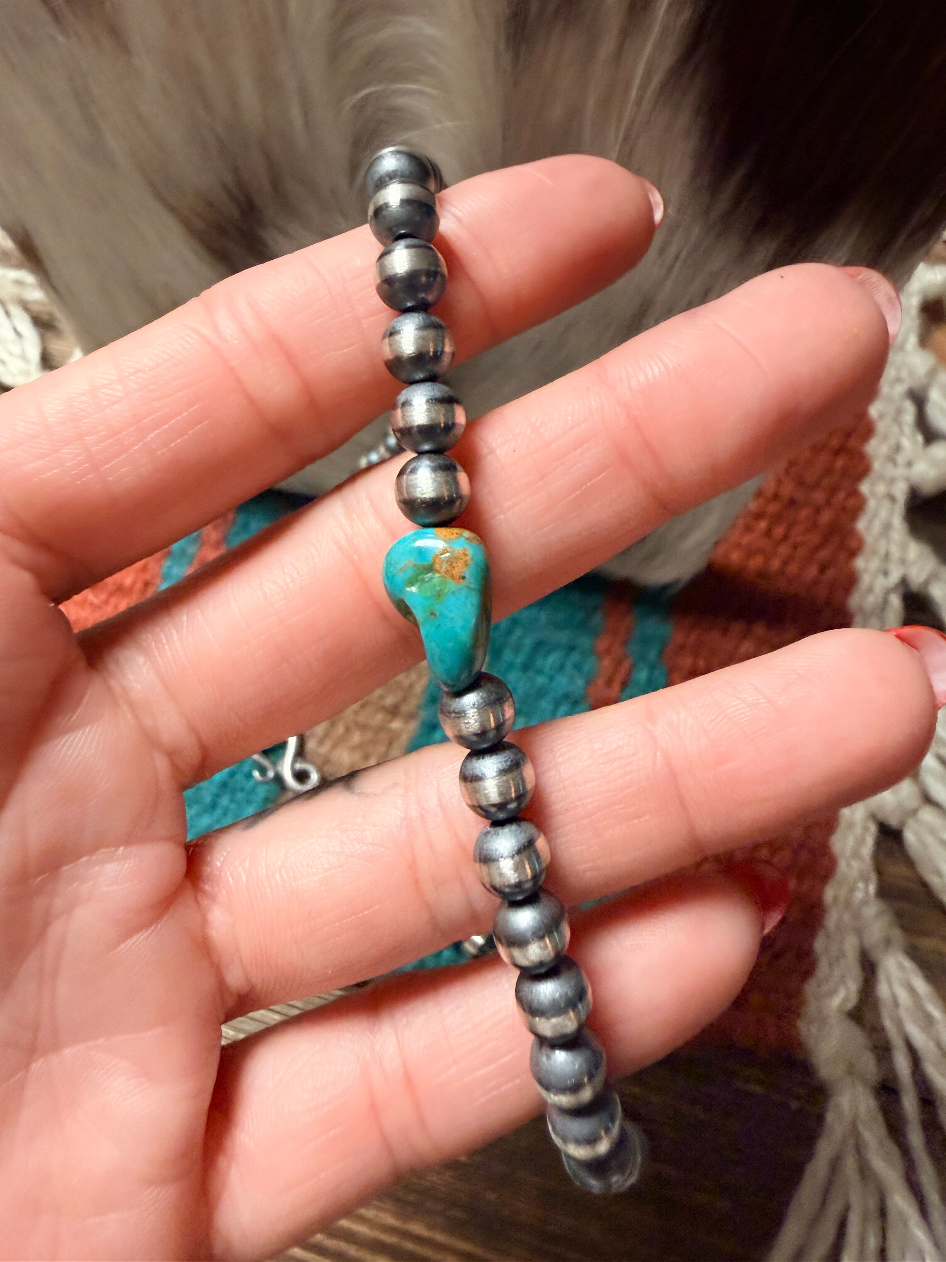 Handcrafted Turquoise & 6mm Sterling Silver Pearl 14" Beaded Necklace