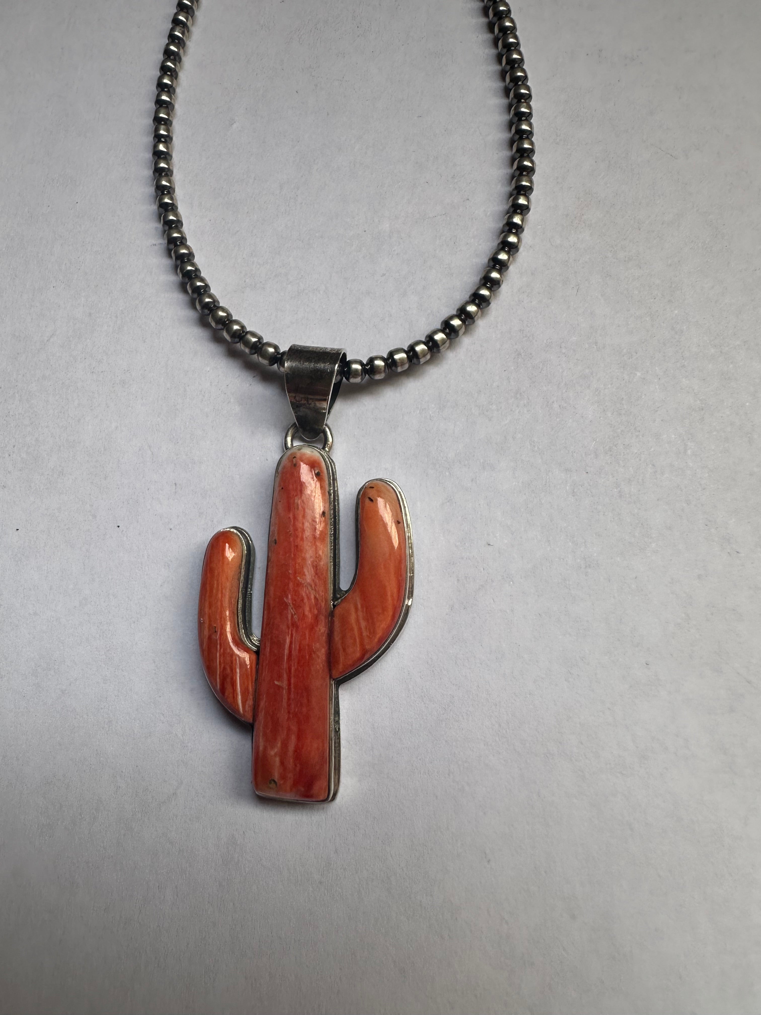 Handmade Sterling Silver Coral Cactus Pendant