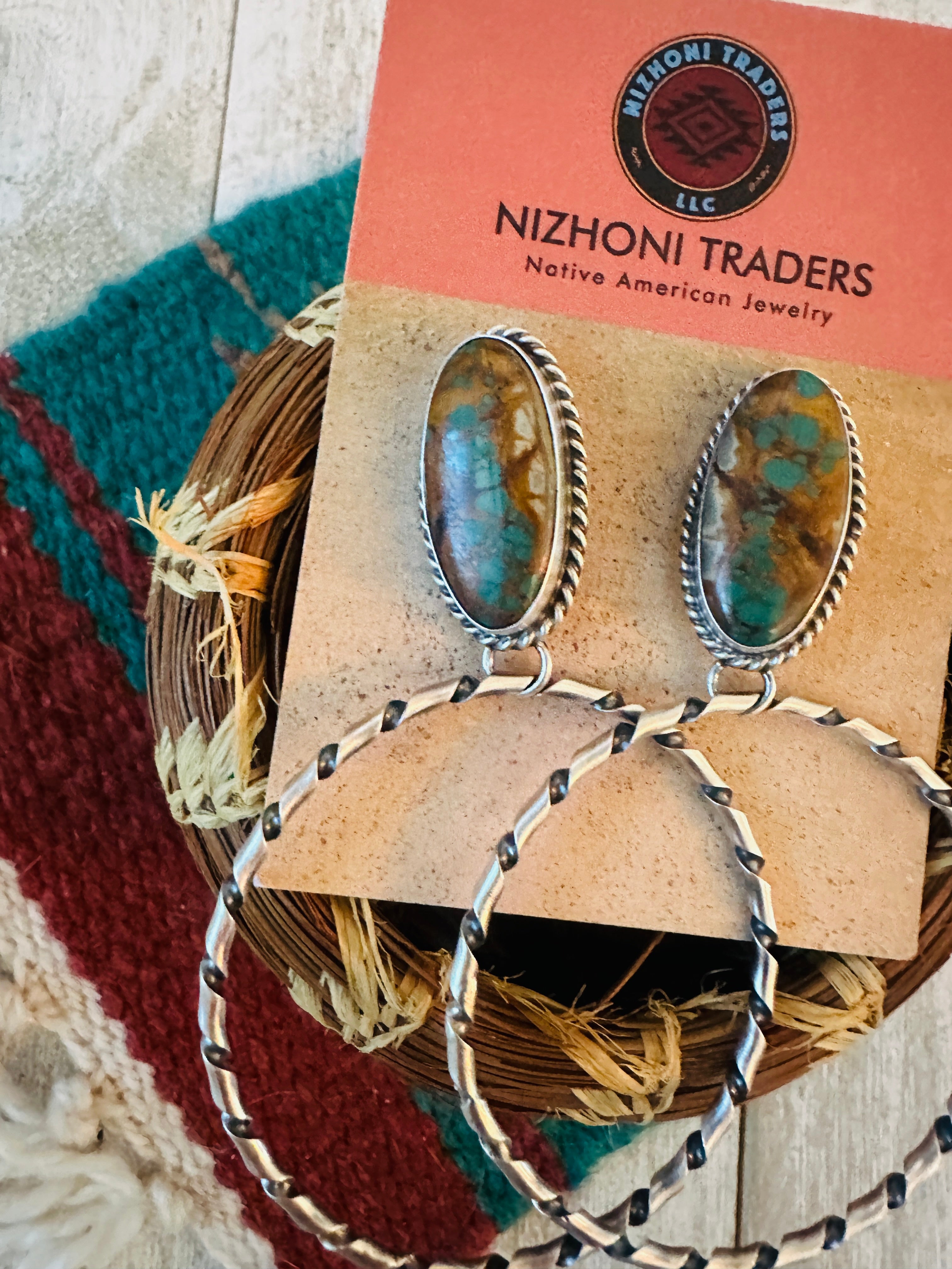 Navajo Ribbon Turquoise and Sterling Silver Dangle Hoop Earrings