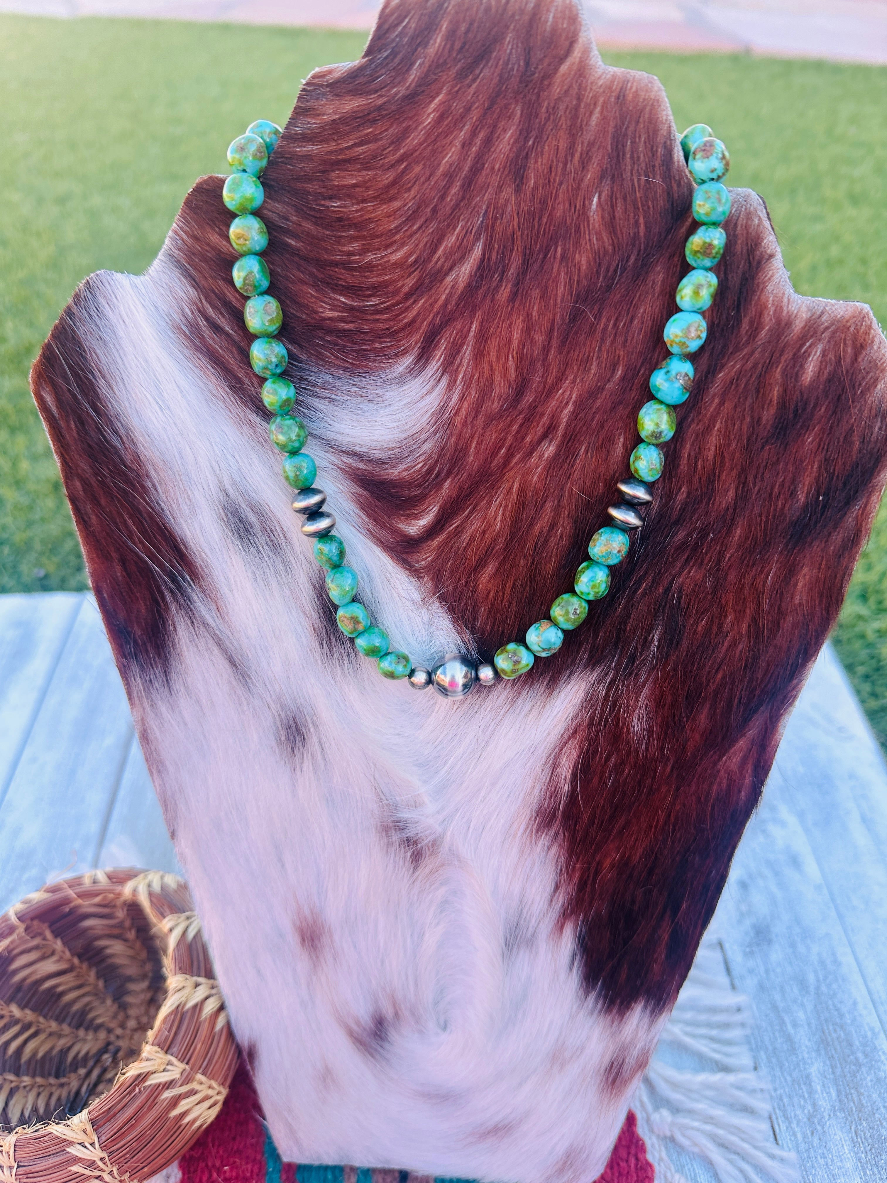 Handcrafted Sonoran Mountain Turquoise & Sterling Silver Pearl Beaded Necklace 16”