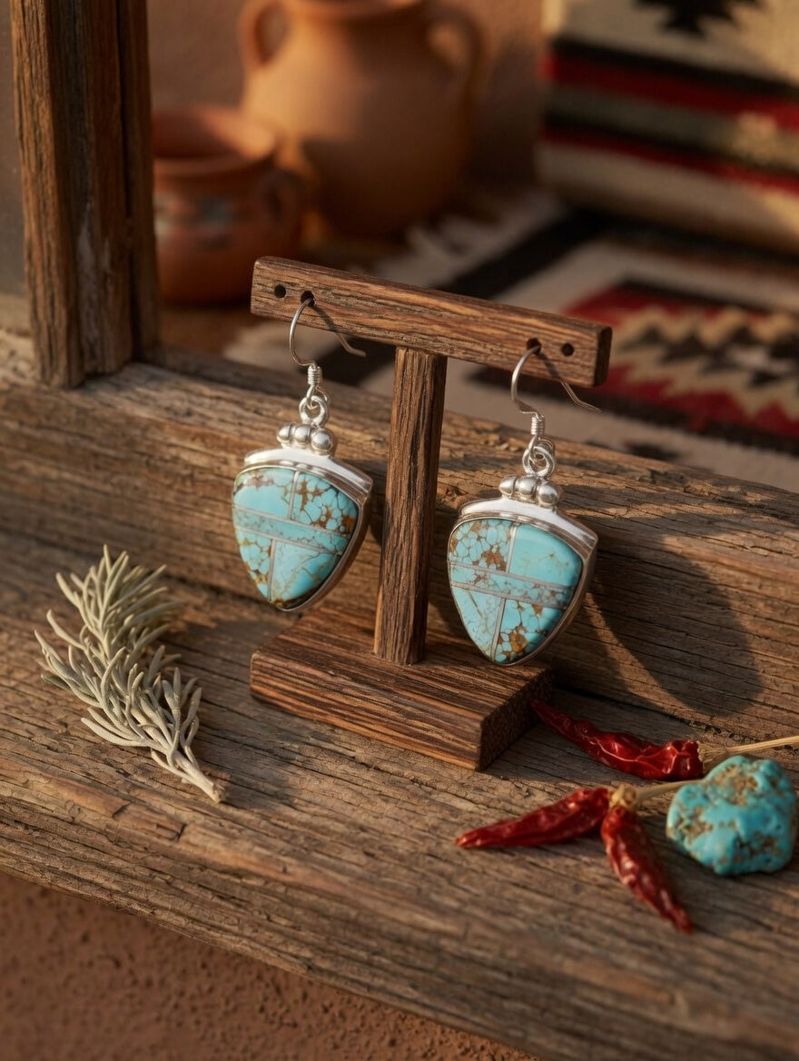 Handcrafted Turquoise #8 & Sterling Silver Inlay Dangle Earrings