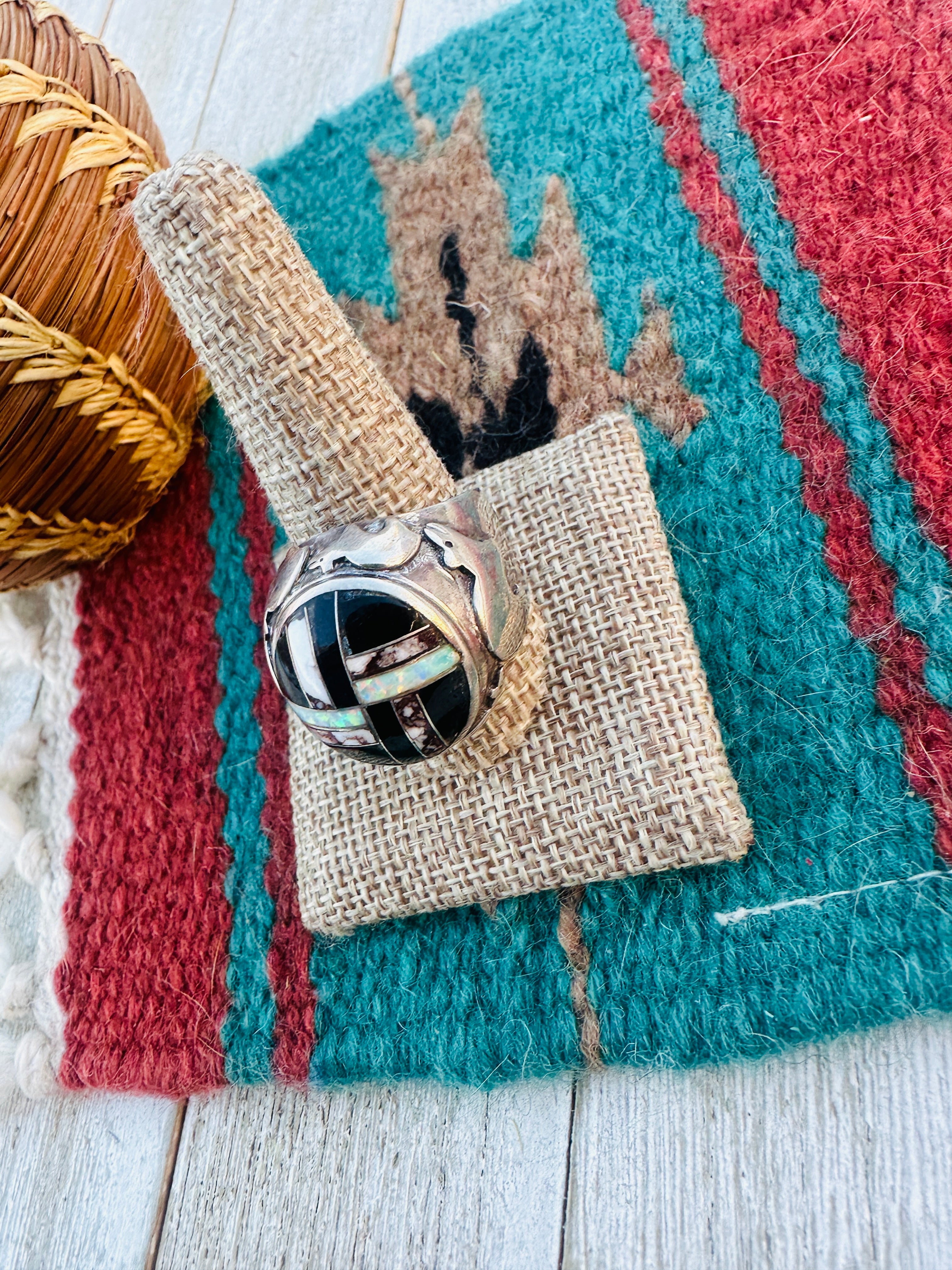 Old Pawn Handcrafted Multi Stone & Sterling Silver Inlay Ring Size 11.75