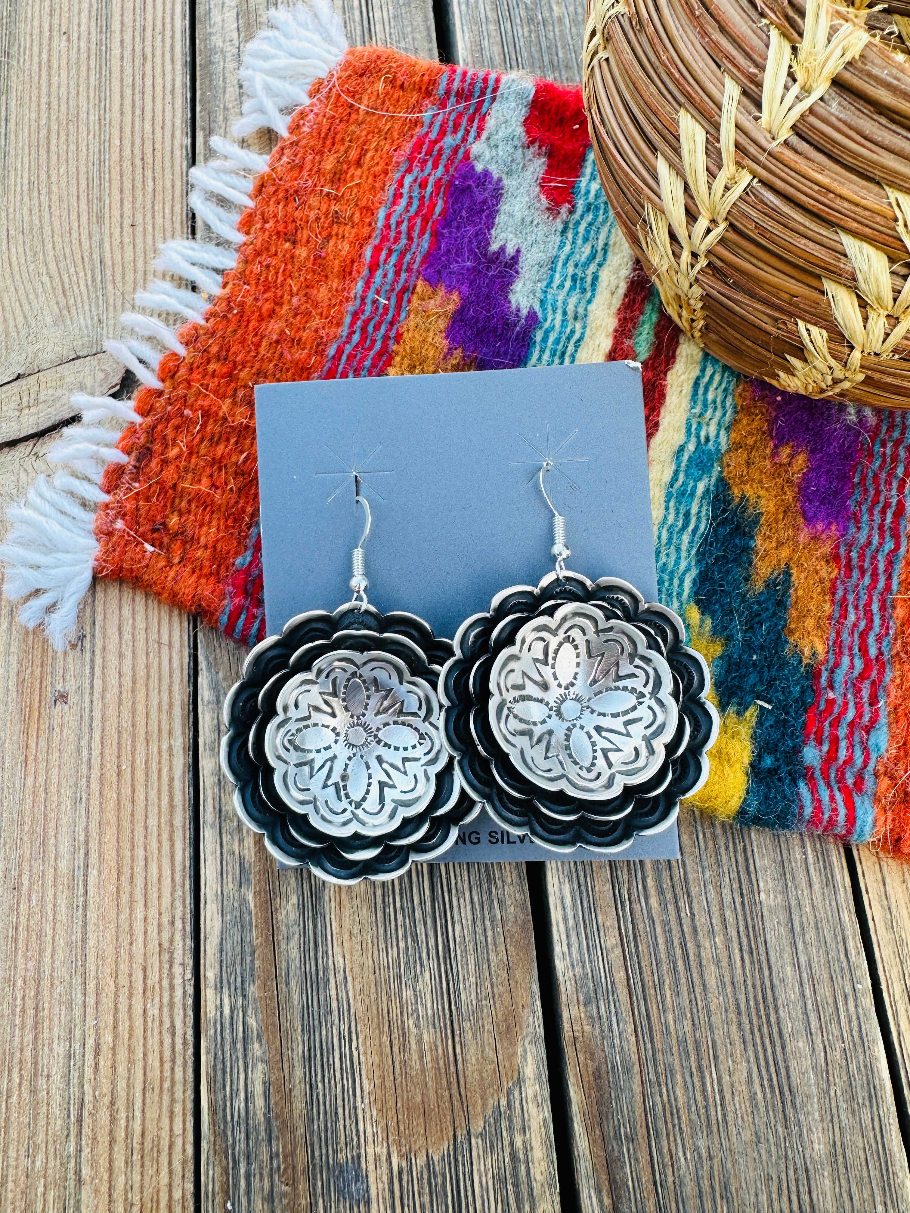 Handcrafted Sterling Silver Concho Dangle Earrings by Leander Tahe