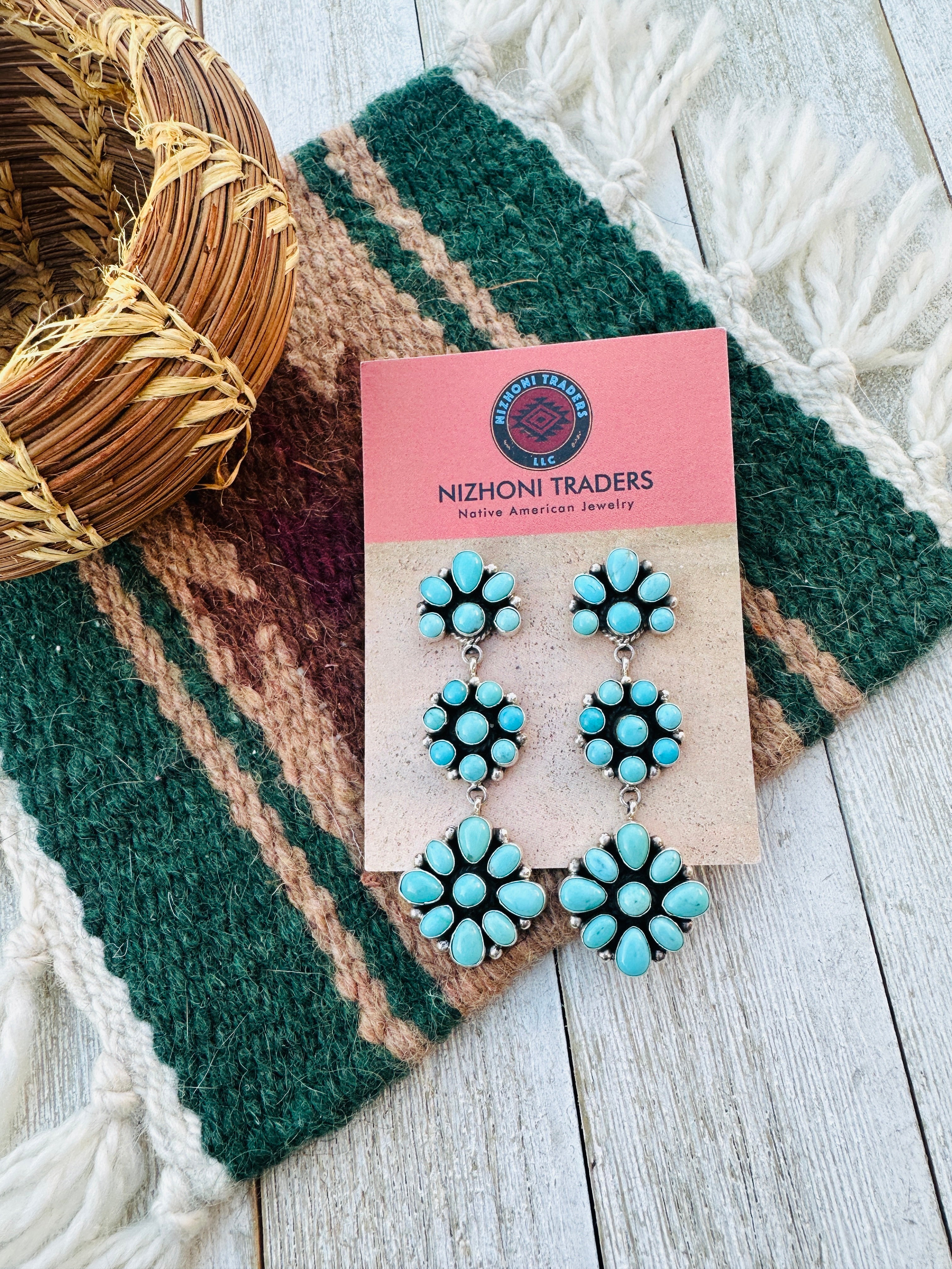 Handcrafted Old Pawn Kingman Turquoise And Sterling Silver Cluster Dangle Earrings