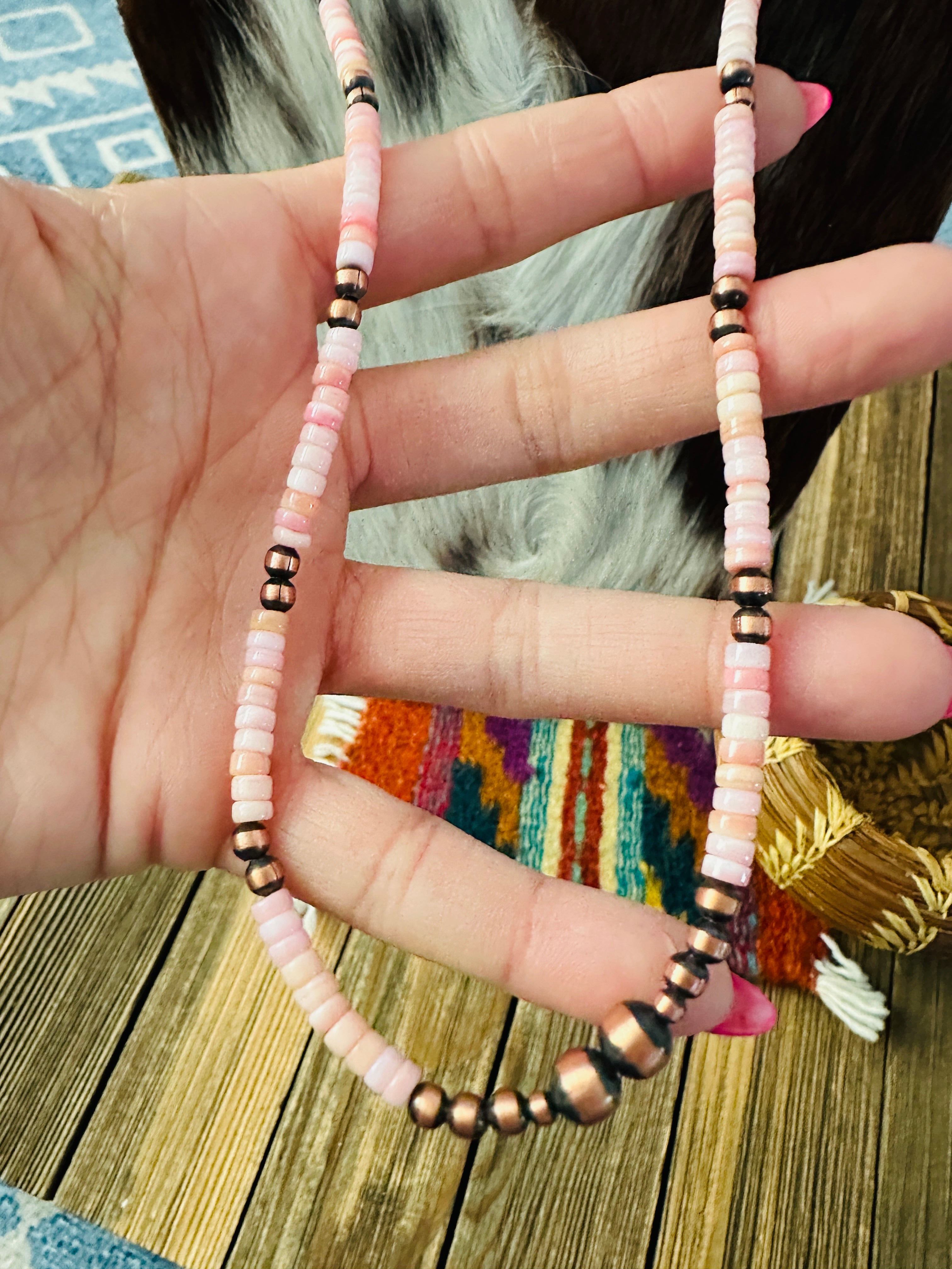 Handcrafted Queen Pink Conch & Copper 24” Beaded Necklace