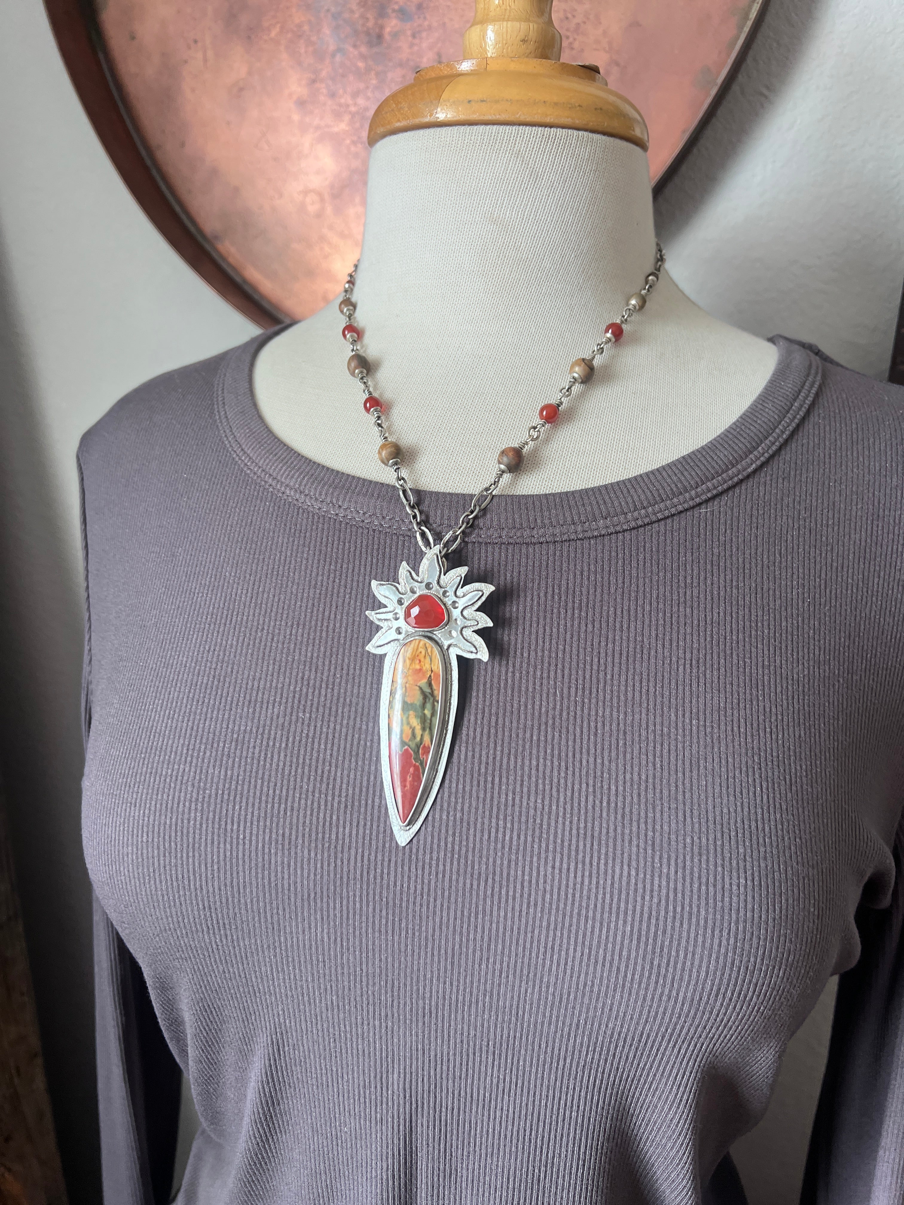 Tularosa Rosary Style Sterling Silver, Red Creek Jasper and Carnelian Sun Fire Necklace