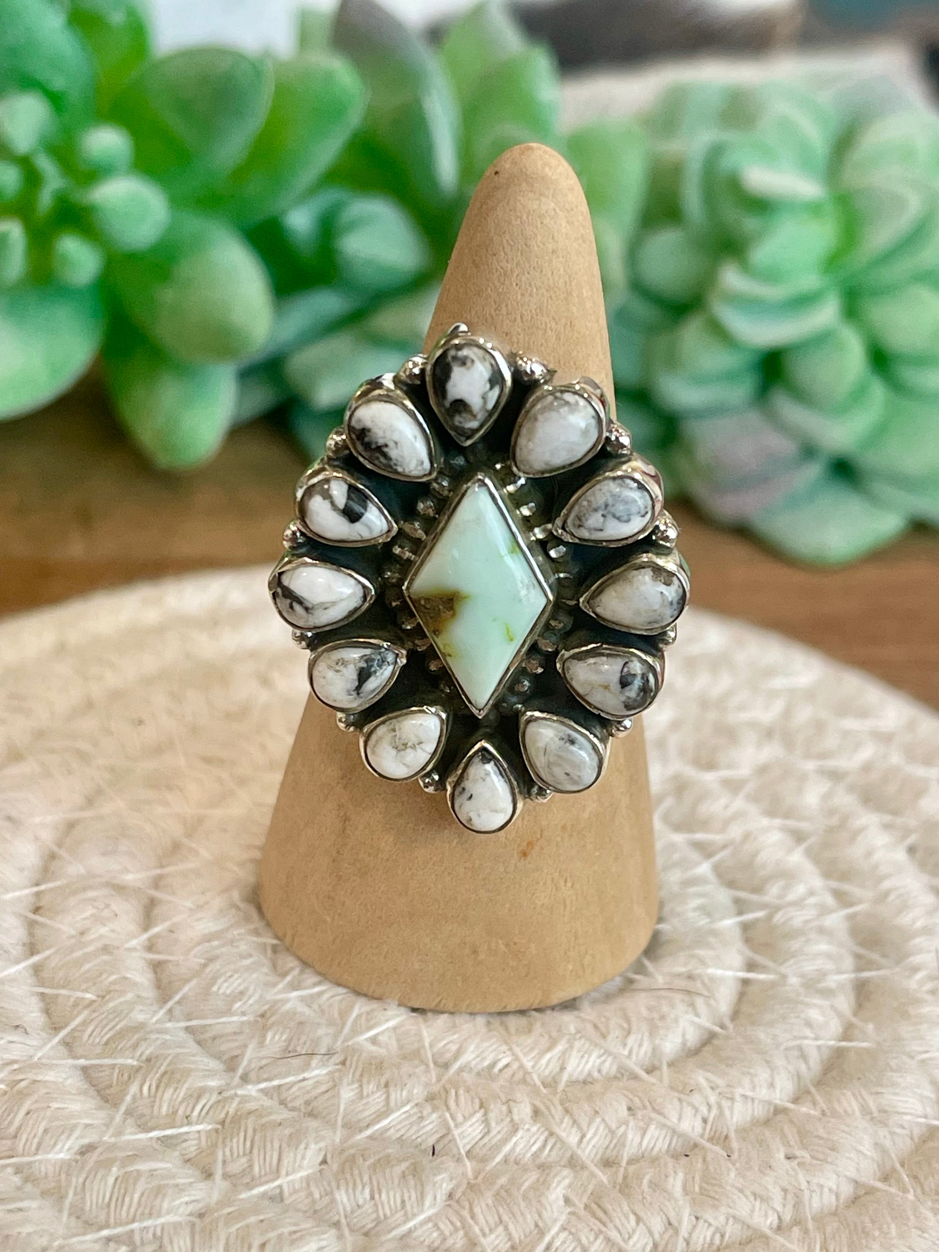 Beautiful Handmade Palomino Variscite, White Buffalo And Sterling Silver Adjustable Ring