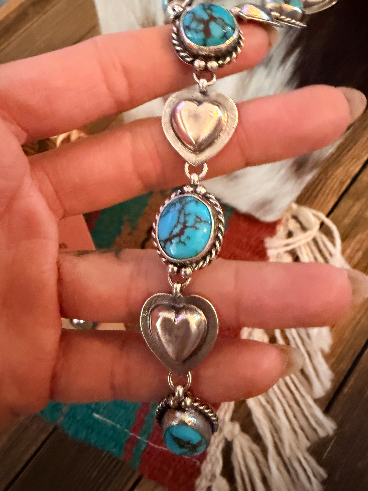 Handcrafted Turquoise & Sterling Silver Heart Necklace and Earring Set by Larry Kaye