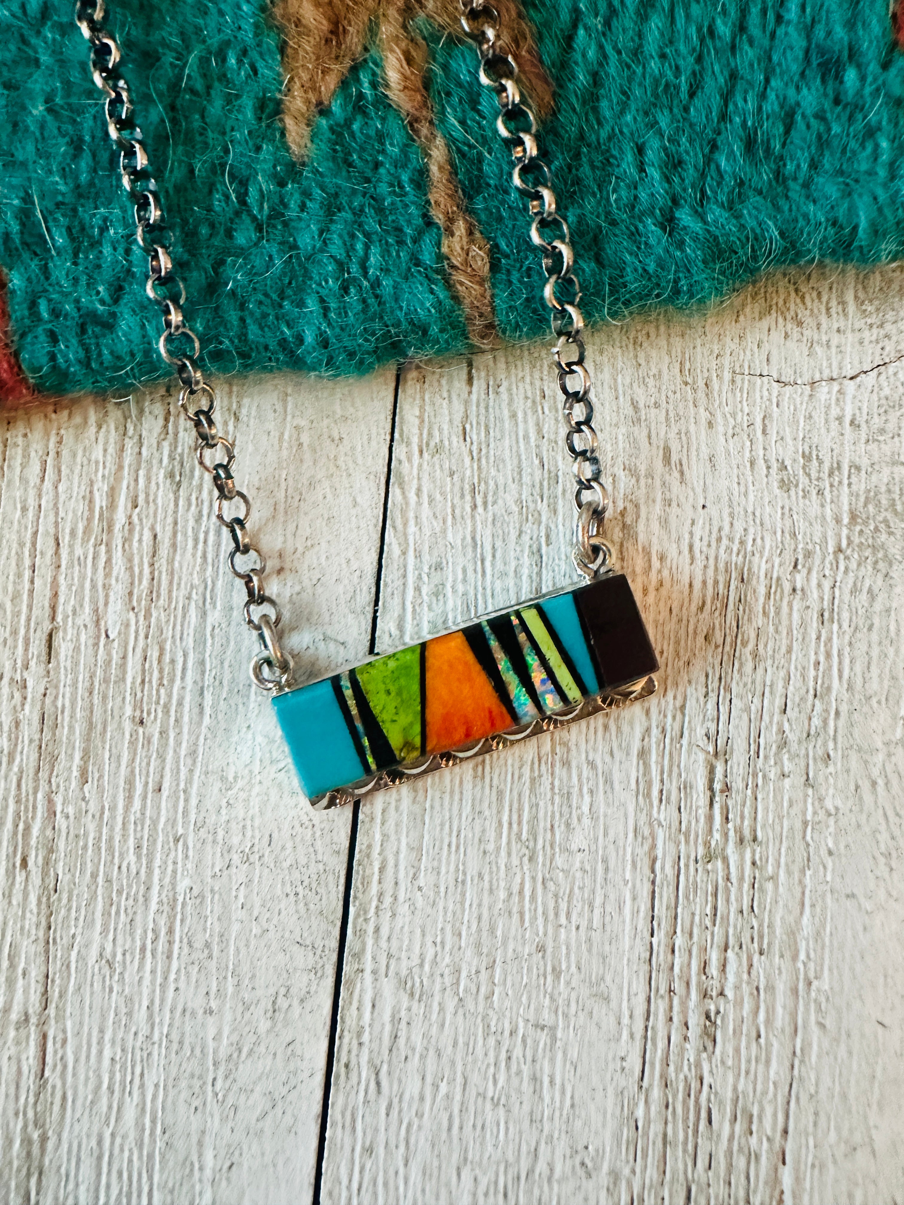 Navajo Multi Stone & Sterling Silver Inlay Bar Necklace