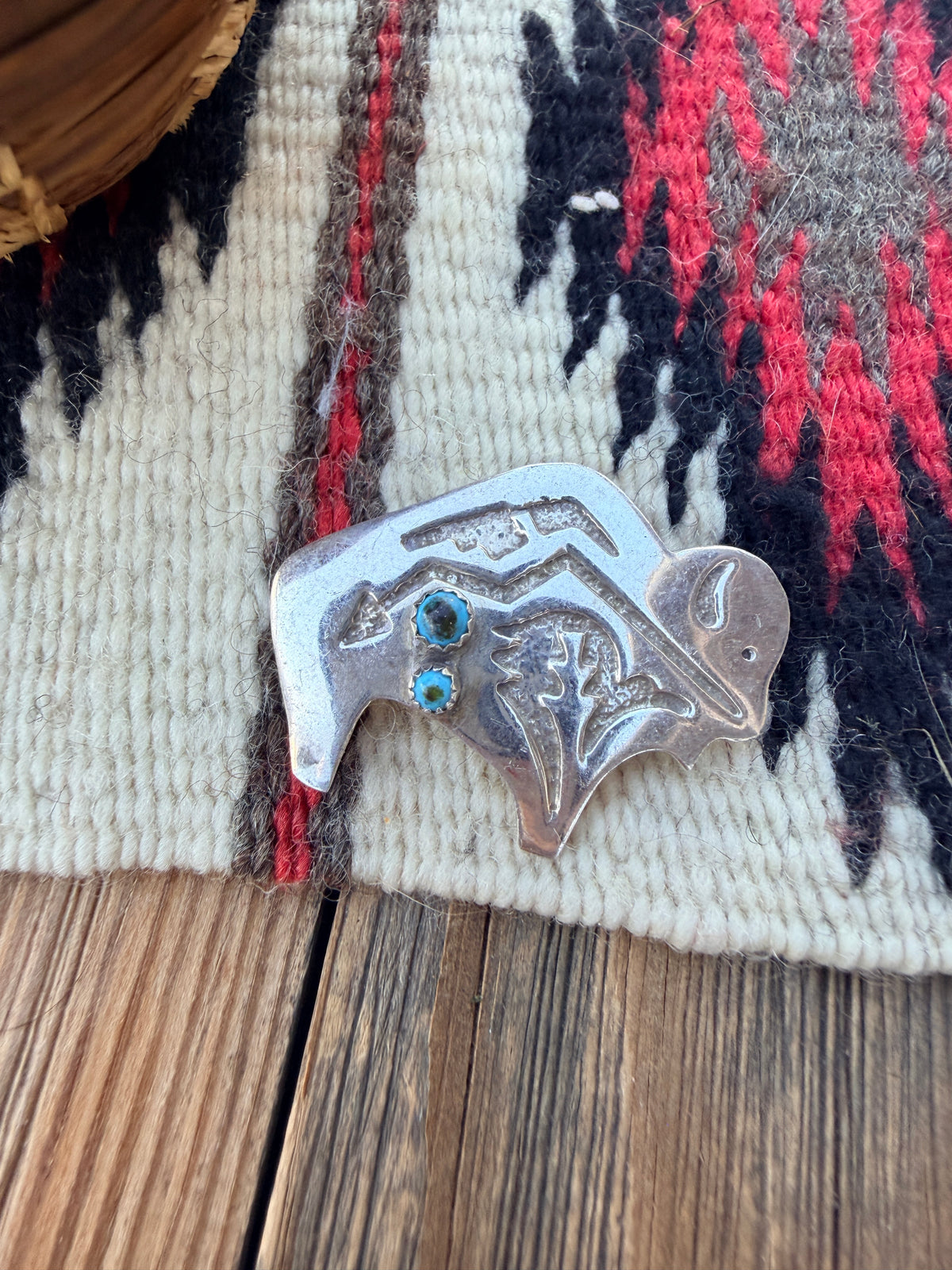 Old Pawn Handcrafted Turquoise & Sterling Silver Fetish Buffalo Brooch