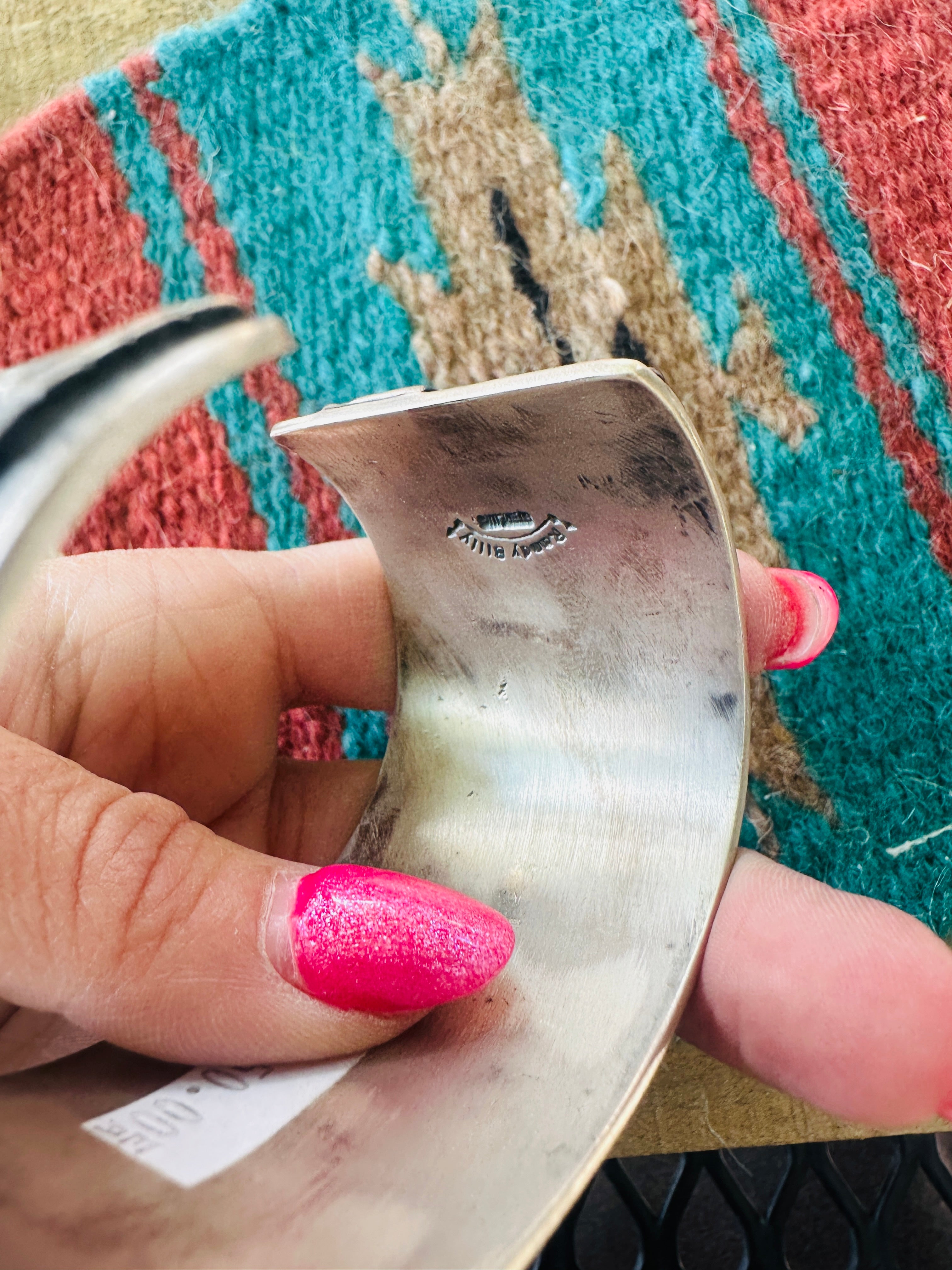 Handcrafted Sonoran Mountain Turquoise and Sterling Silver Story Teller Cuff Bracelet by Randy Billy