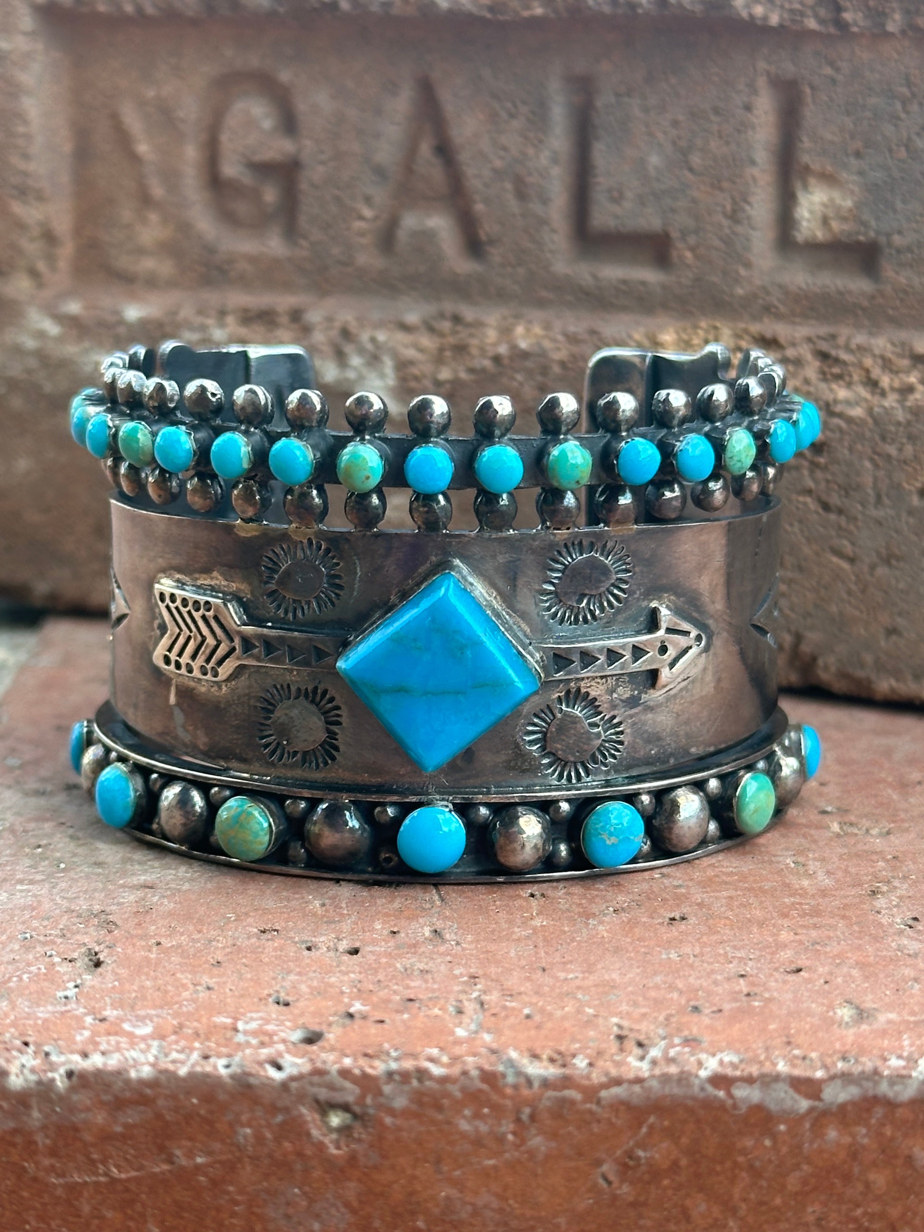 Handmade Sterling Silver Sleeping Beauty and Royston Turquoise Thunderbird Cuff