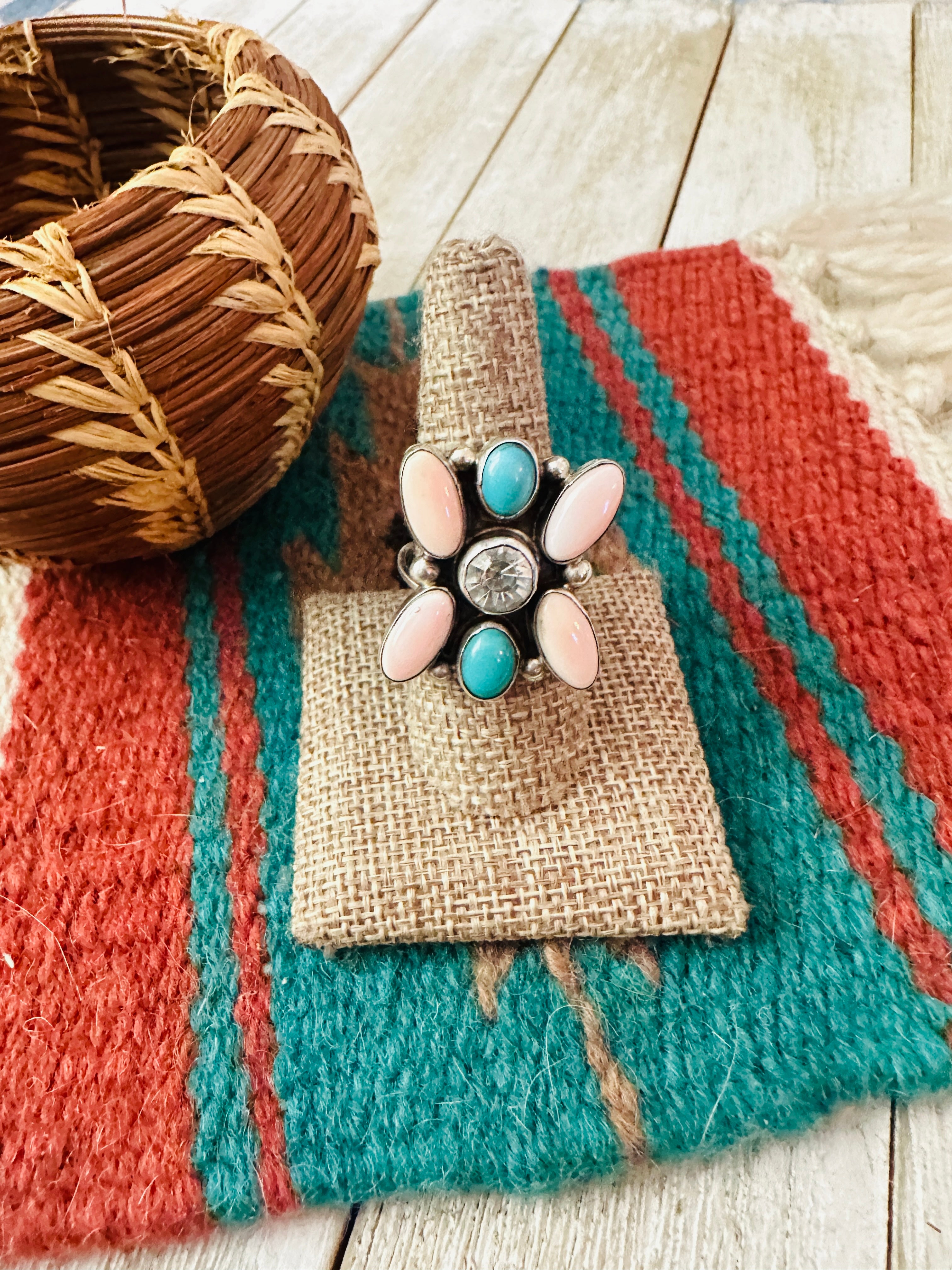 Handcrafted Queen Pink Conch, Turquoise & Sterling Silver Adjustable Ring by Jacqueline Silver