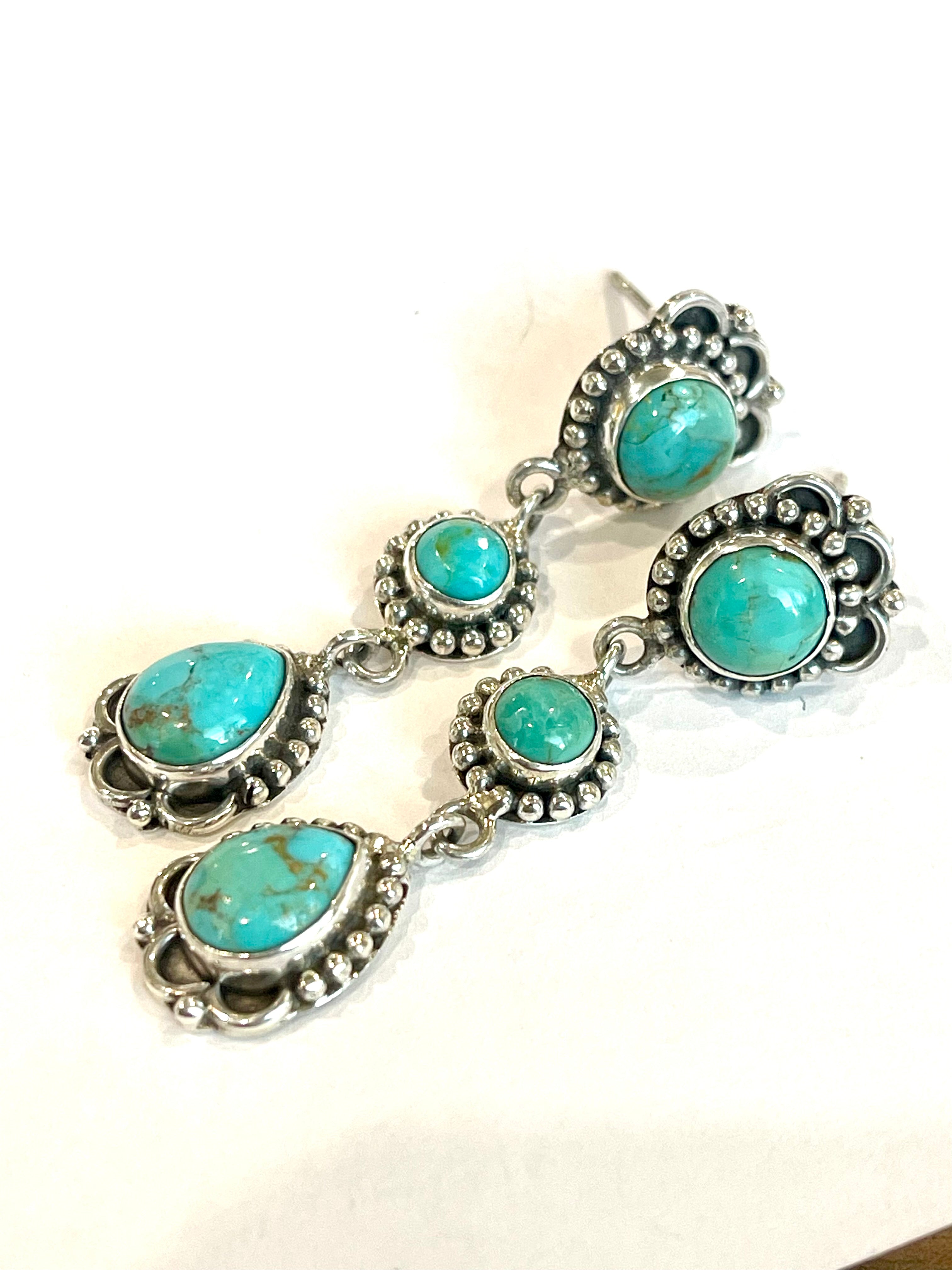 Handmade Turquoise and Sterling Silver Dangles 3 stone