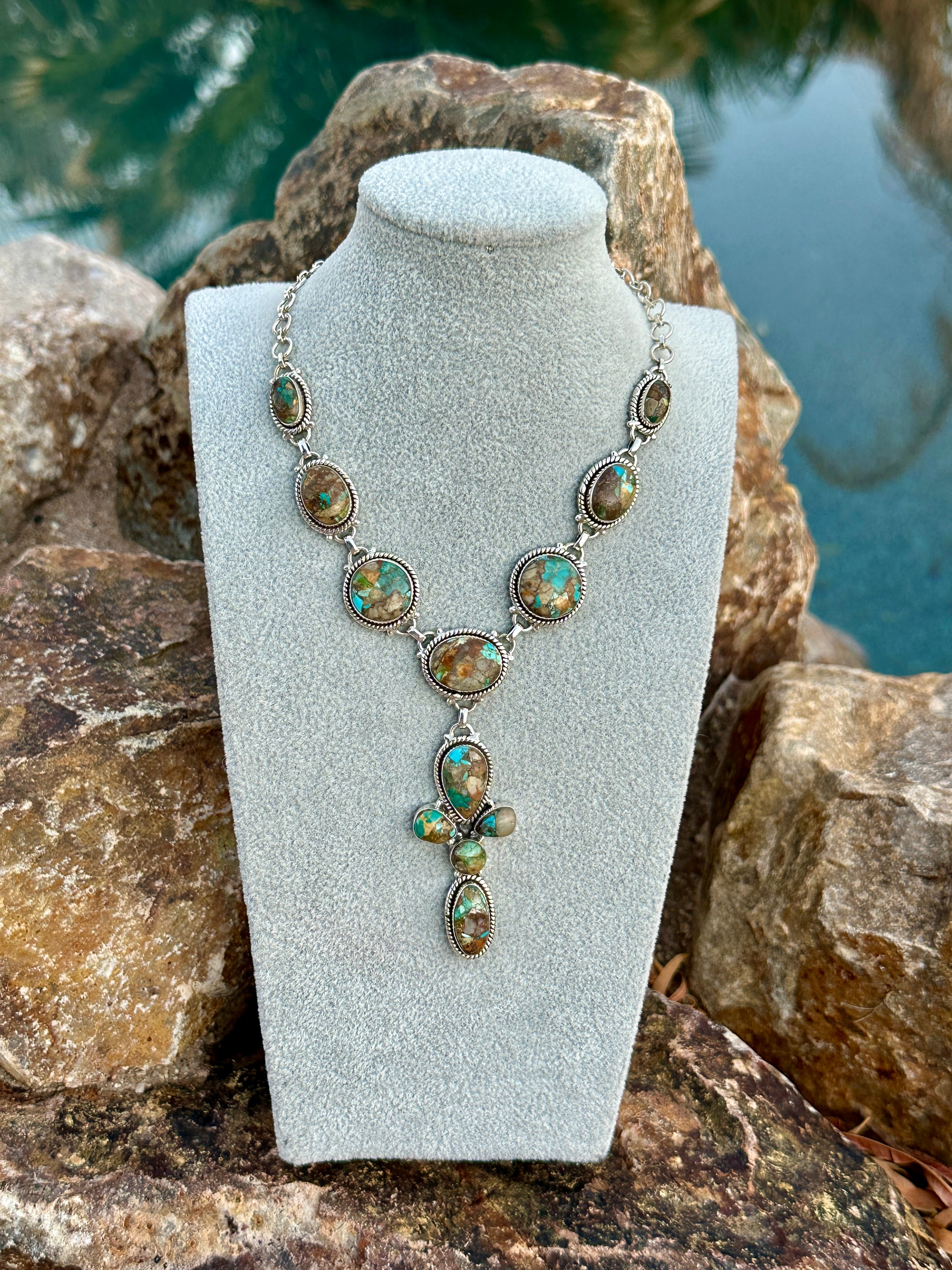 Handmade Royston Ribbon Cross Turquoise & Sterling Silver Lariat Necklace