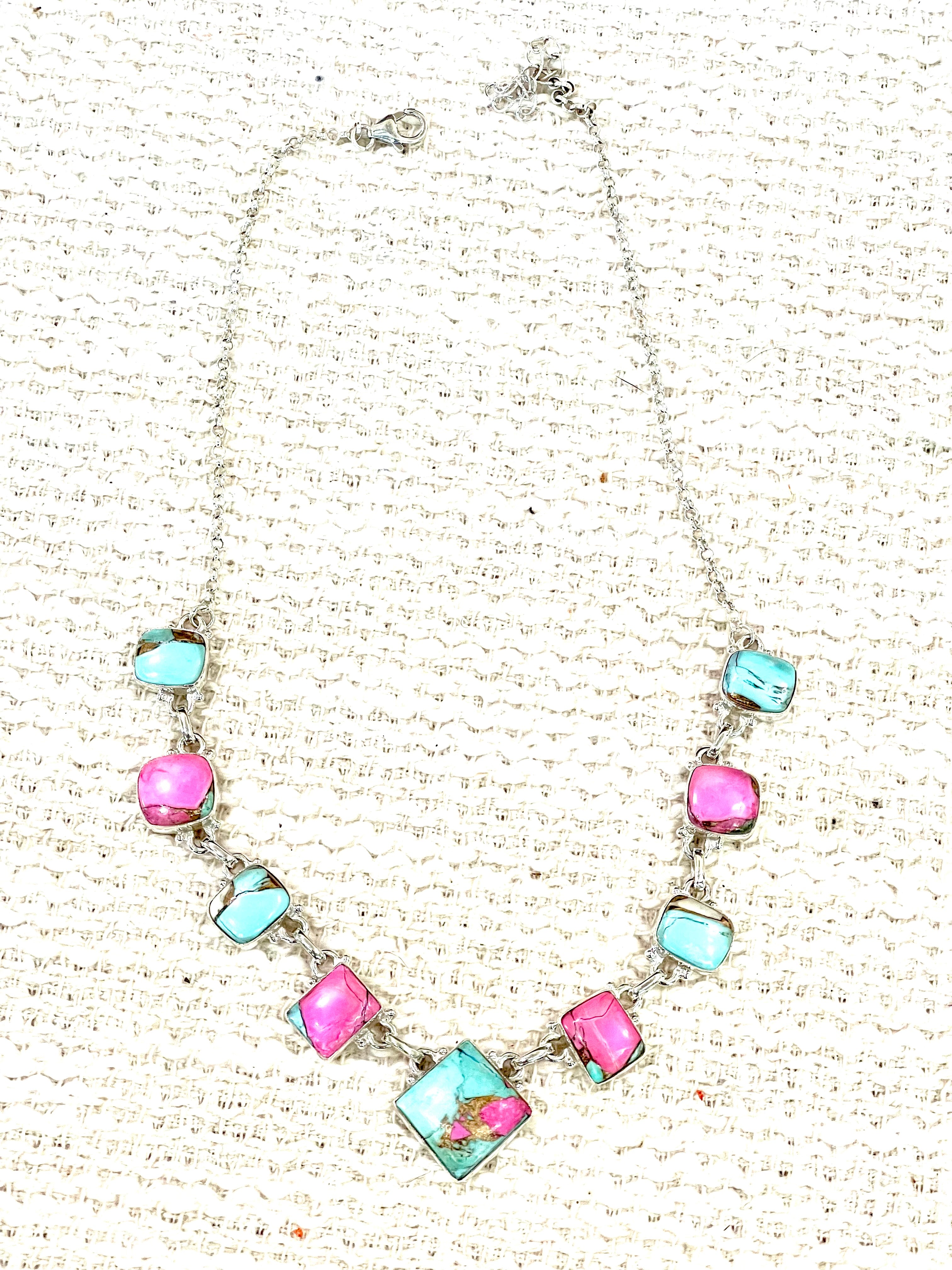 Handmade Sterling Silver Cotton Candy Turquoise Necklace with Signed Nizhoni