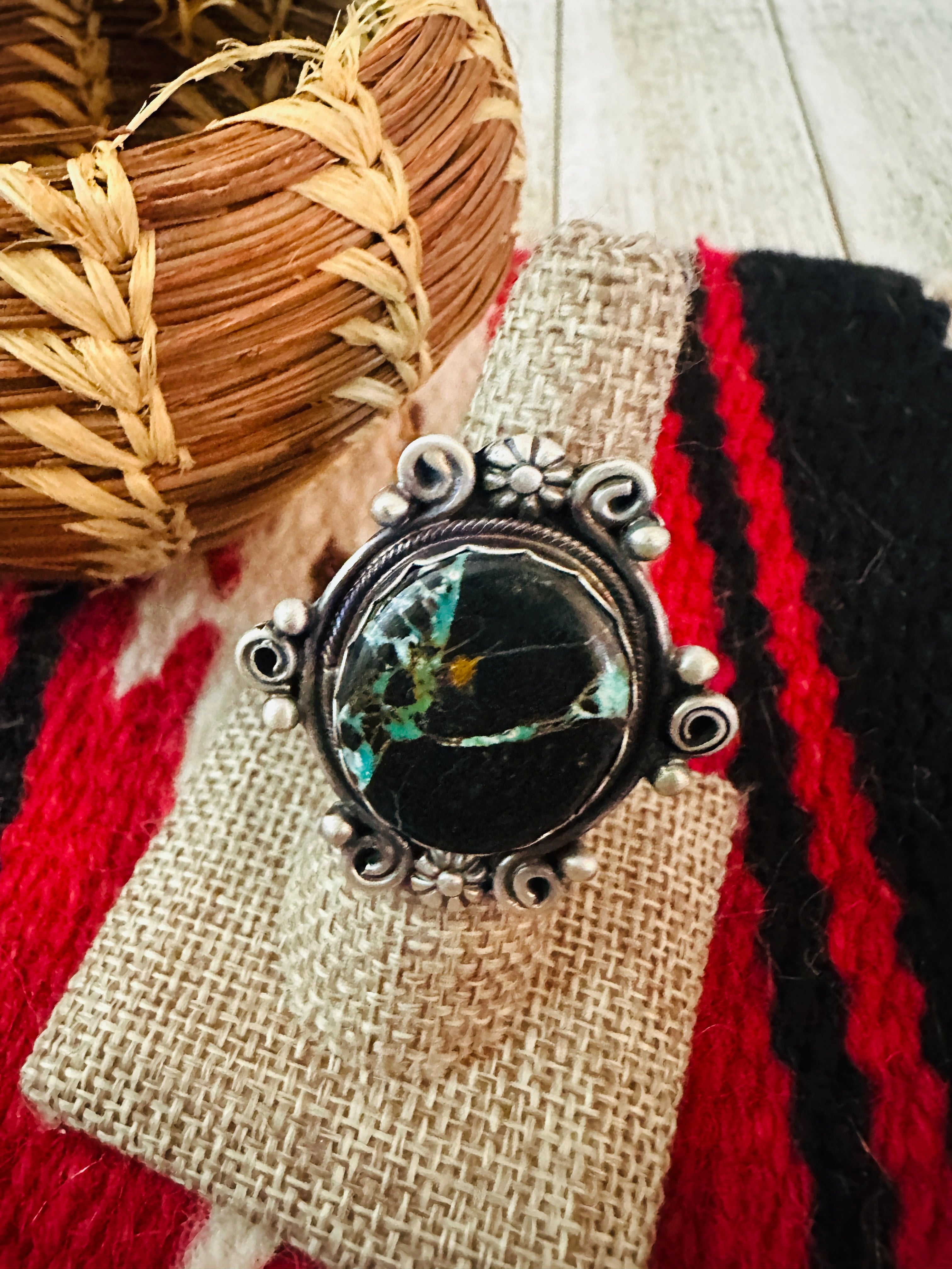KINGSTON 12　ジャマイカ リング Handcrafted Blackjack Turquoise & Sterling Silver Ring Size 7.5 by Jam