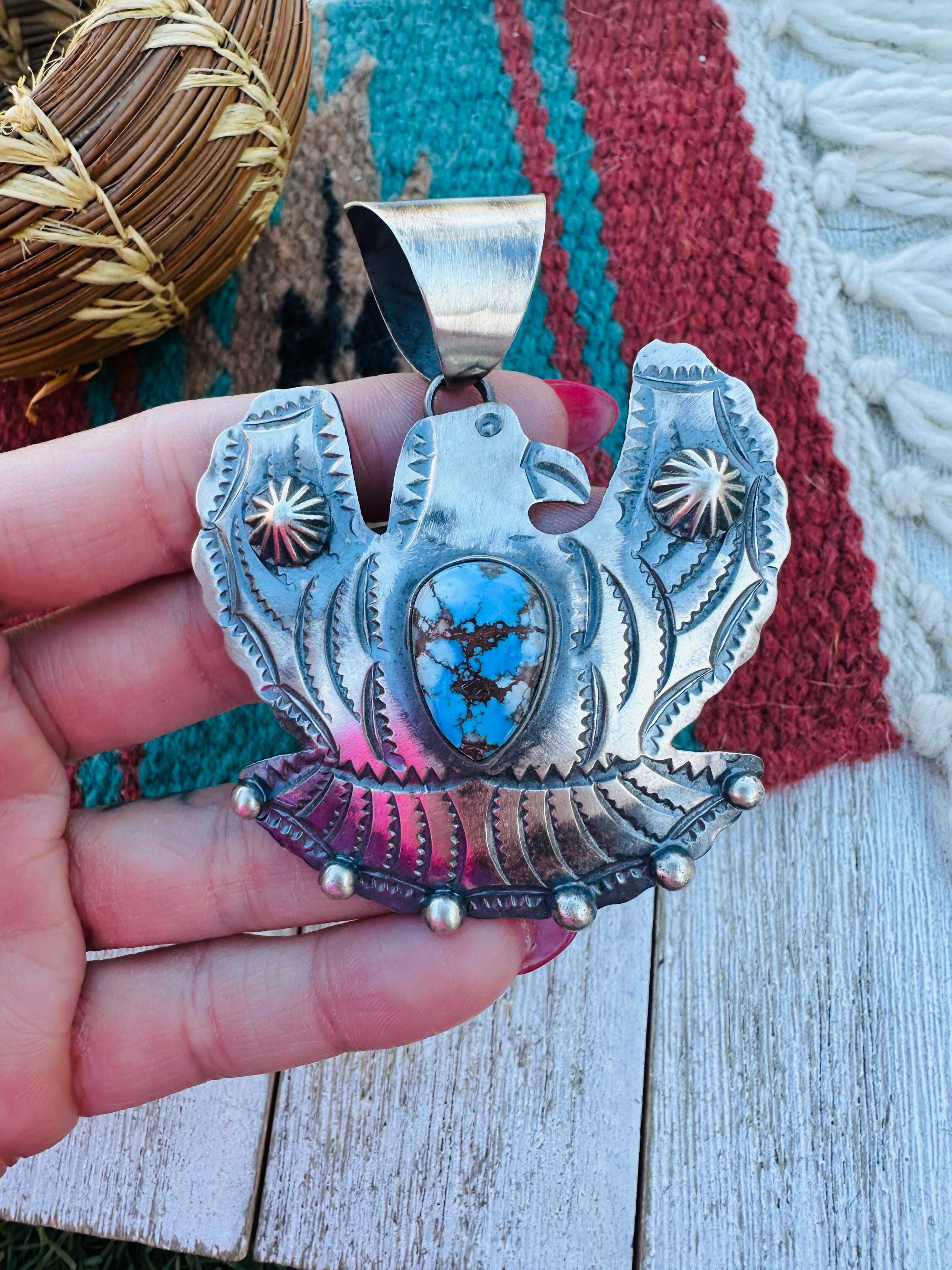 Handcrafted Sterling Silver & Golden Hills Turquoise Thunderbird Pendant by Chimney Butte