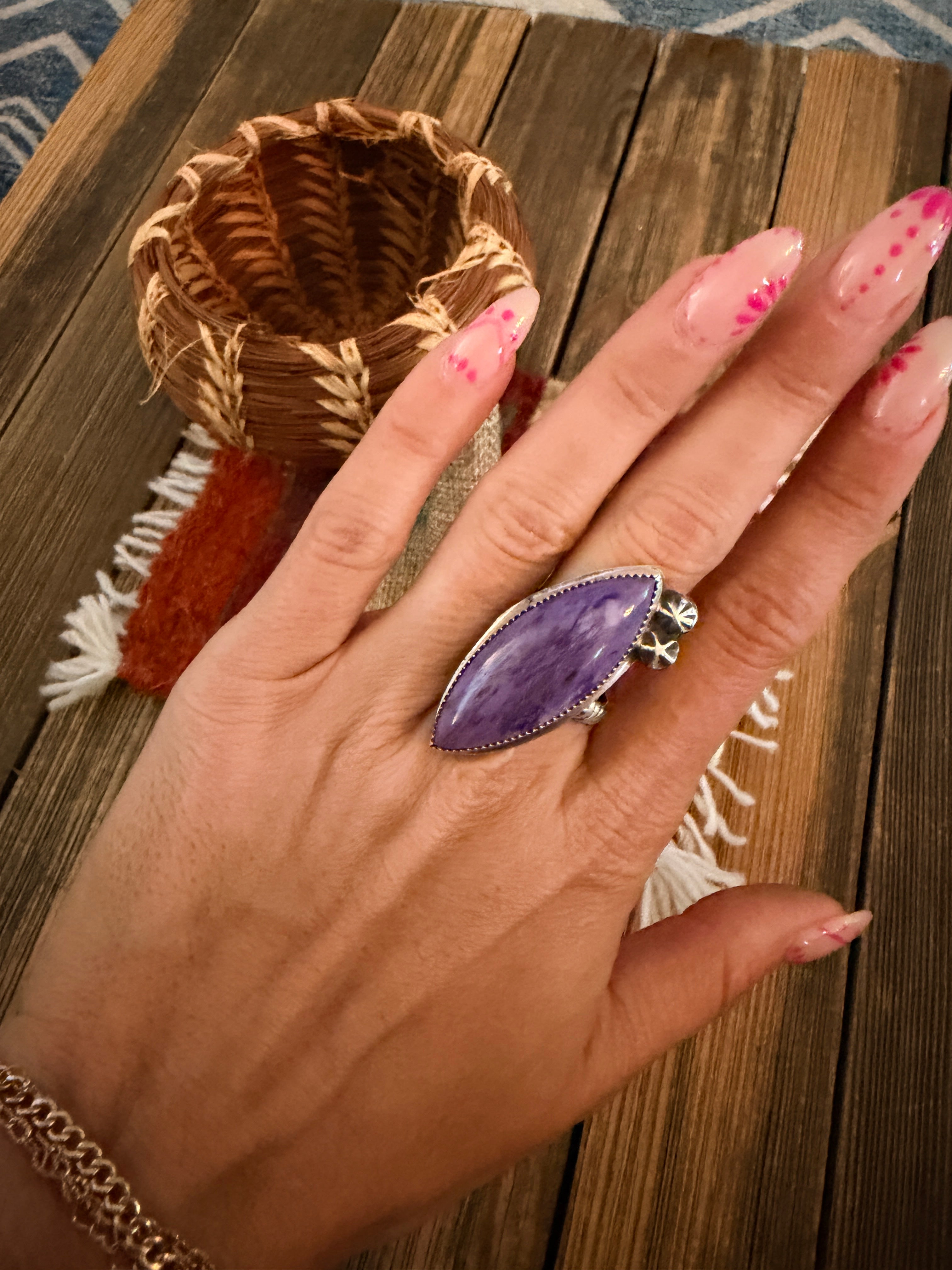 Handmade Sterling Silver and Charoite Adjustable Ring