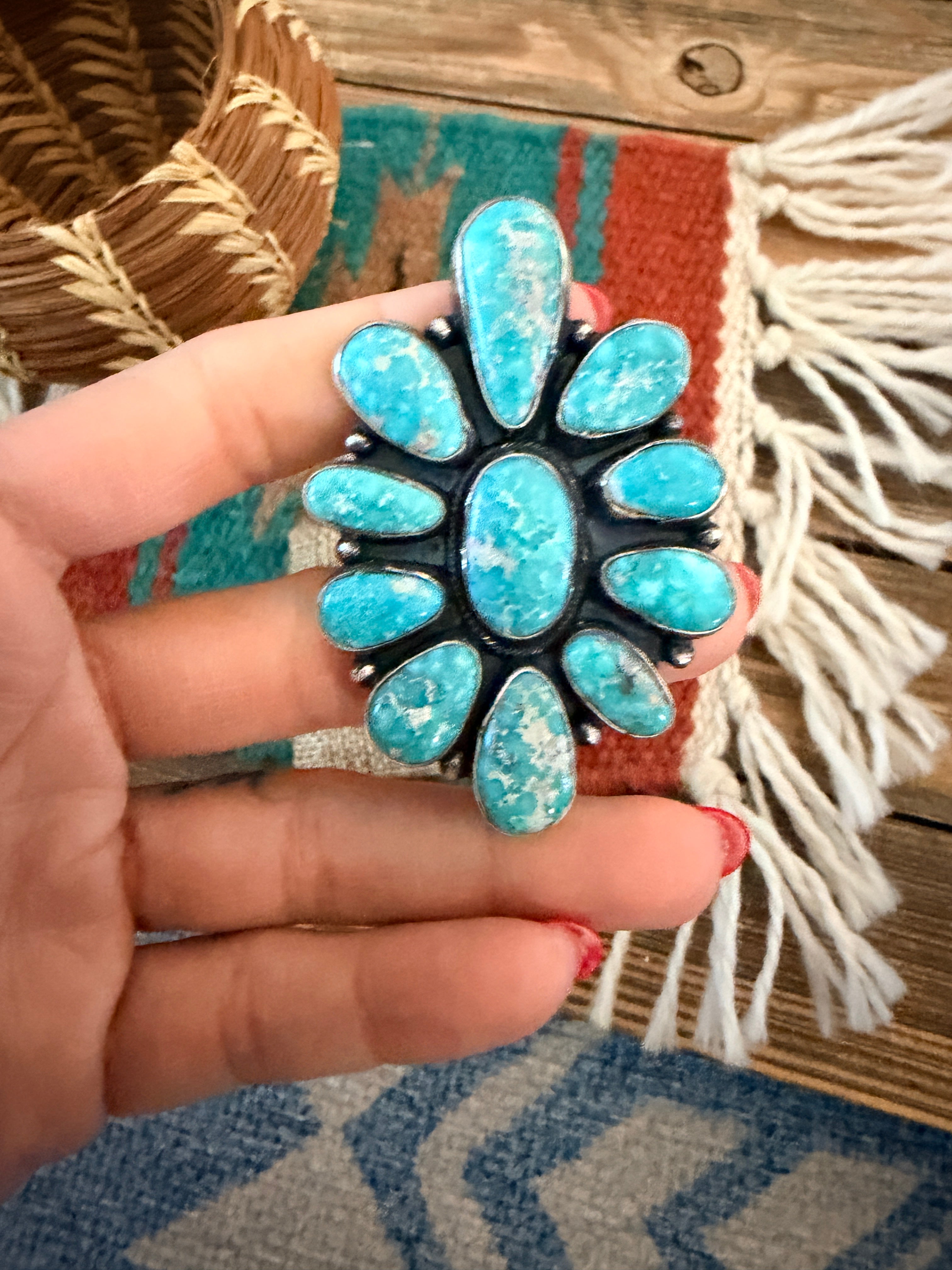 Handcrafted Kingman Turquoise & Sterling Silver Cluster Ring Size 8 by Sheila Becenti