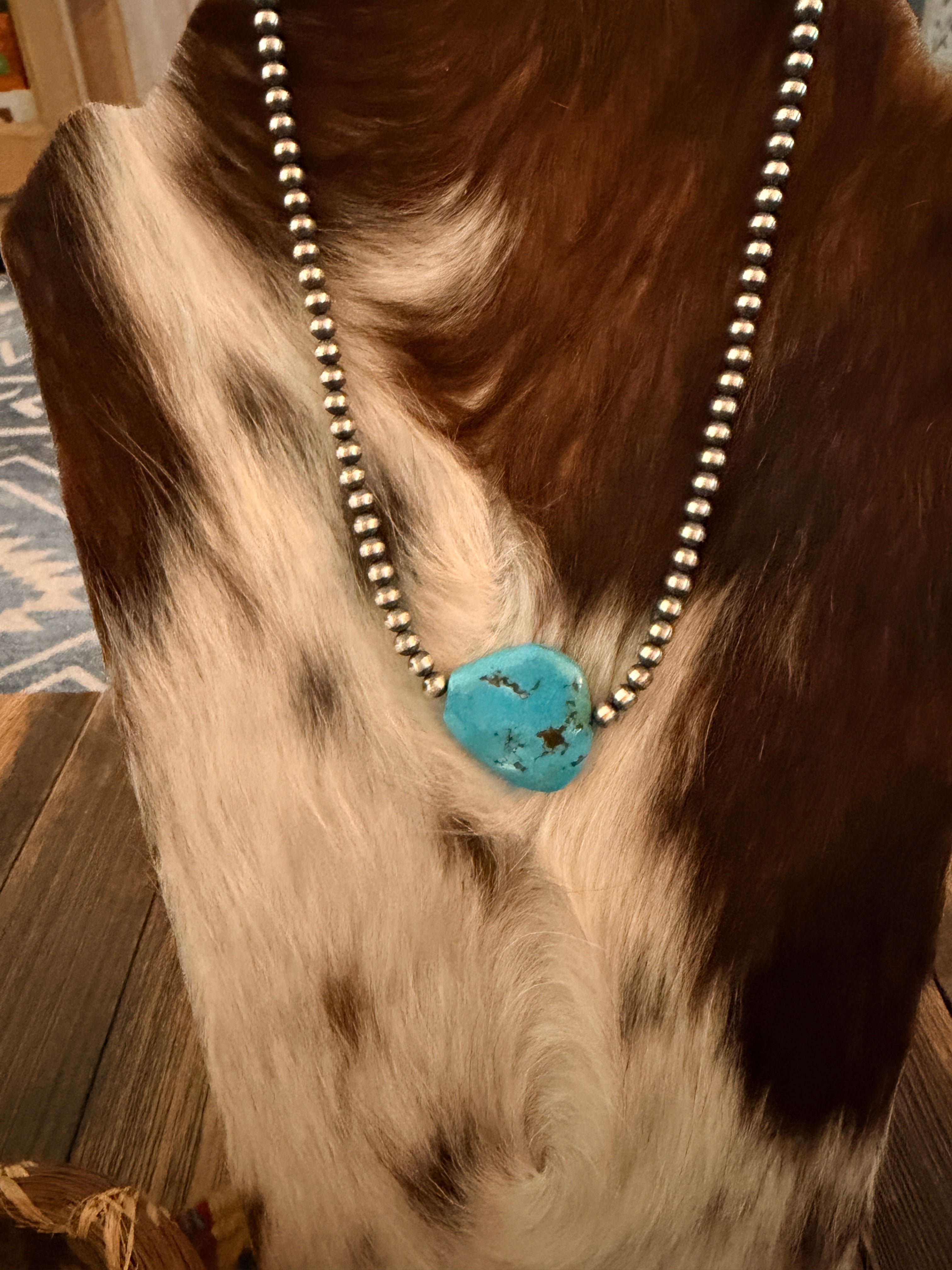 Handcrafted Kingman Turquoise & Sterling Silver Pearl 18” Beaded Necklace