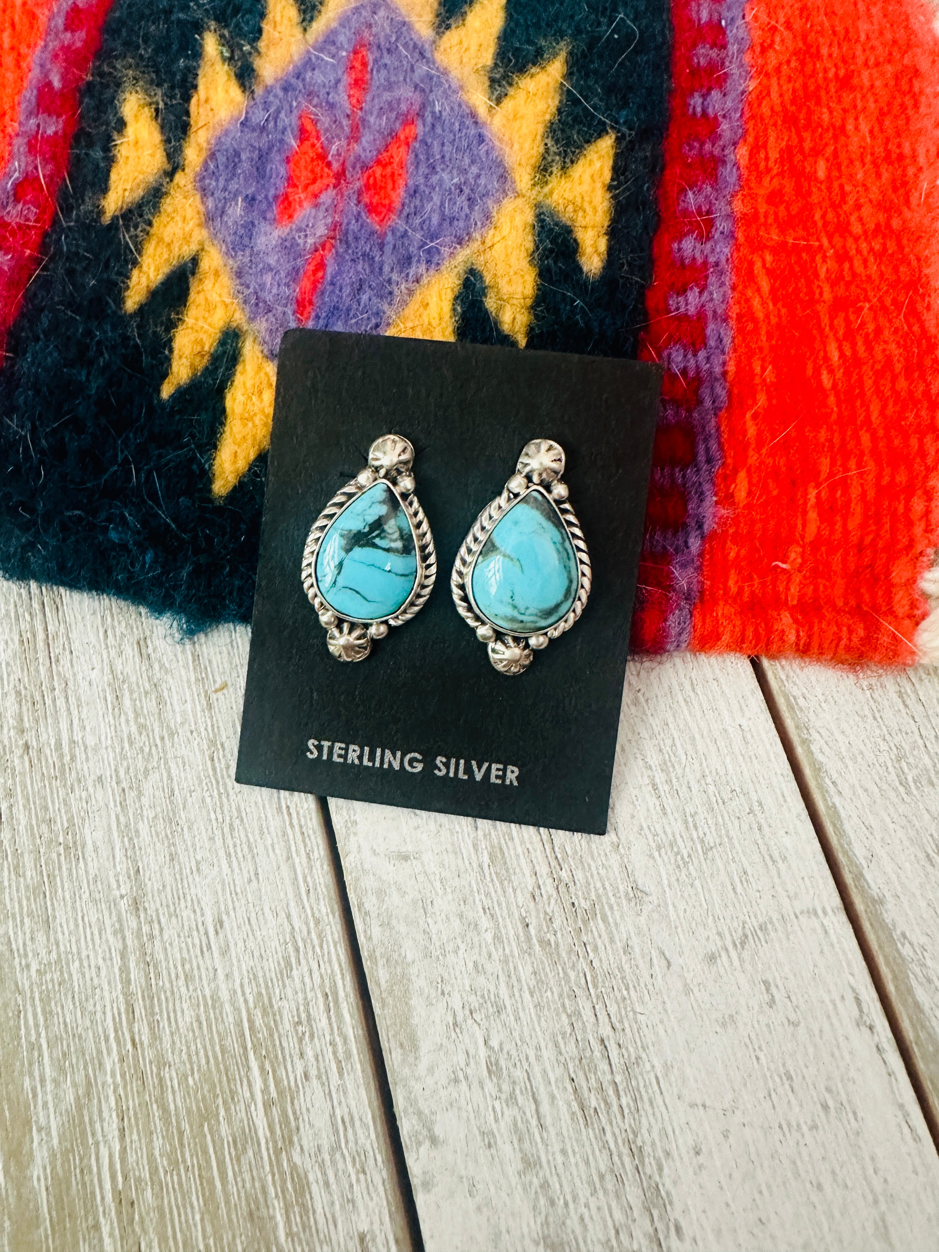 Navajo Turquoise and Sterling Silver Teardrop Post Earrings