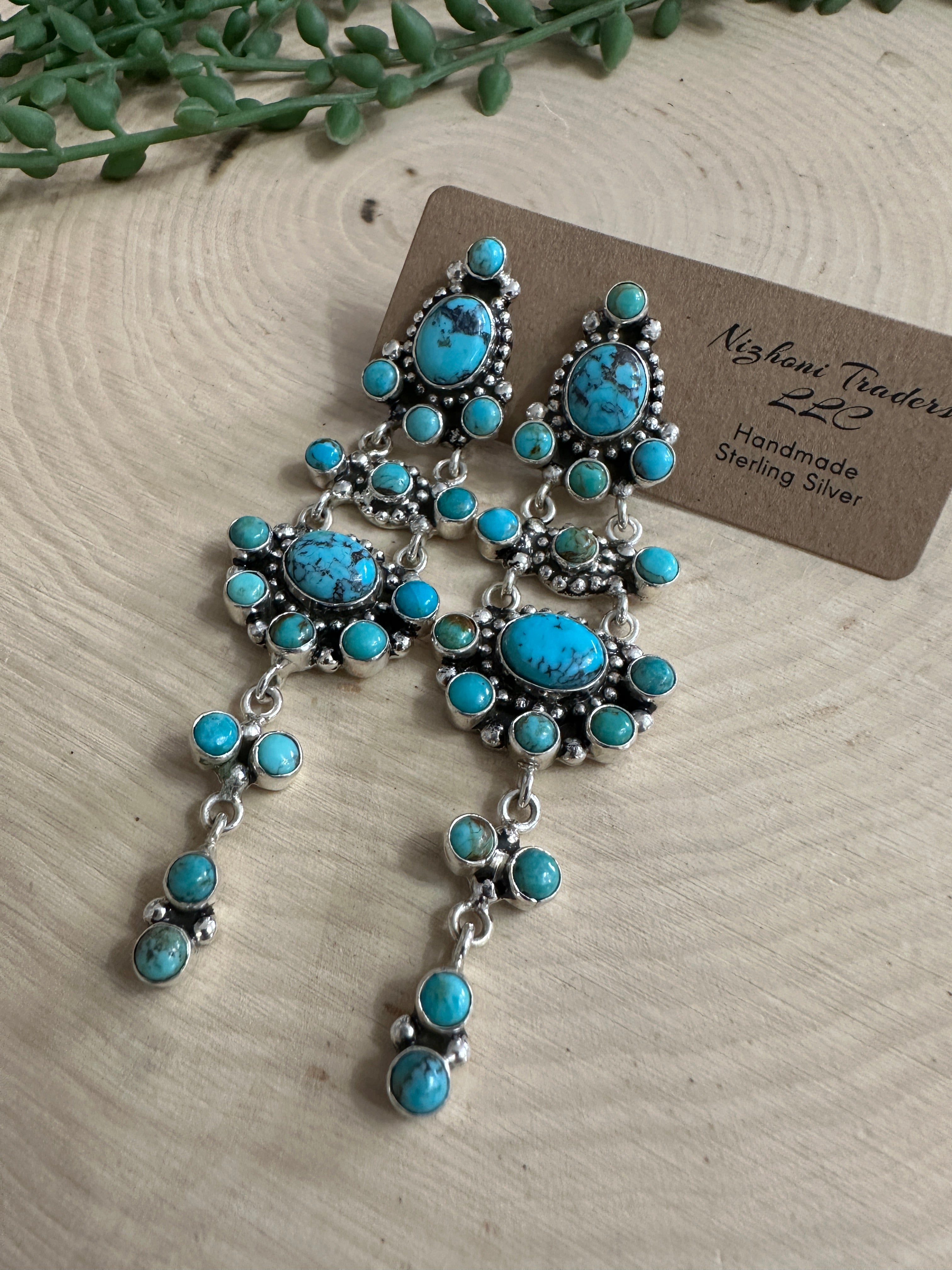 The Bella Handmade Natural Turquoise and Sterling Silver Dangle Earrings