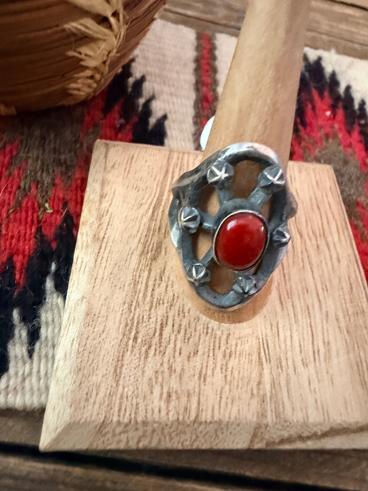 Handcrafted Coral and Sterling Silver Ring size 11 by Chimney Butte